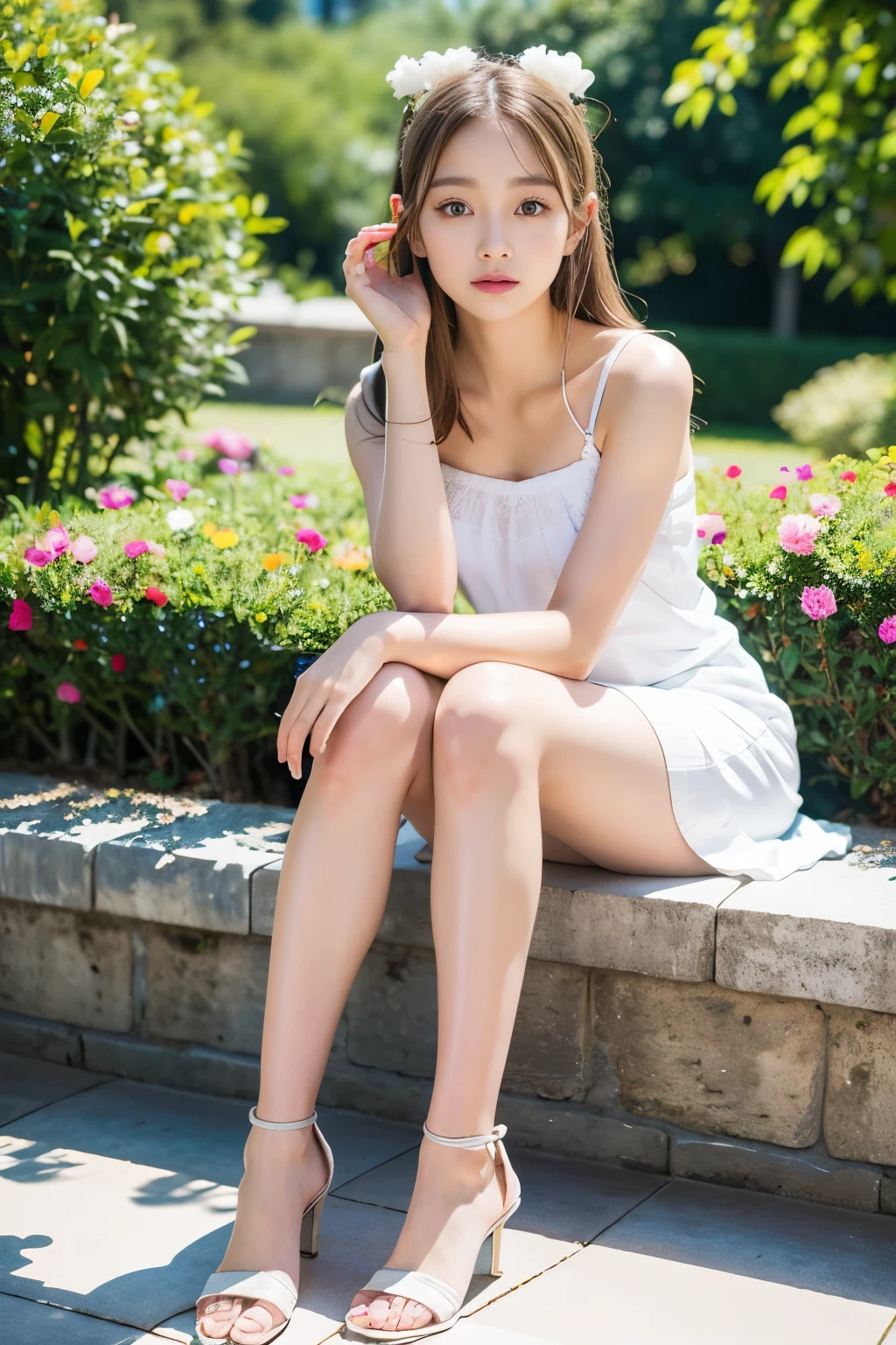 gufeng,bare shoulders, ((full body)), sitting position, Sitting in the garden，best quality， masterpiece， ultra high resolution,（realistically：1.5）， RAW photos， 1 girl, silver hair, long white hair，hair accessories，bshoulder，Cool and cool，Sexy look detailed scene, amazing pose, eye-catching accessories, picturesque