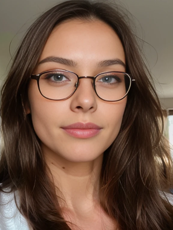 Woman with Beautiful Soft Symmetric Features: A Close-Up Portrait in Bedroom with Glasses Revealing Skin (Highly Detailed, 30 Years Old, Innocent Expression, Long Brown Hair, Blue Eyes, High Resolution, Masterpiece, Best Quality, Intricate Details, Sharp Focus, Detailed Skin, Realistic Skin Texture, Texture, Detailed Eyes, Professional, 4K, Charming Smile, Filmed with Canon, 85 mm, Shallow Depth of Field, Kodak Vision Color, Perfect Fit Body, Extremely Detailed, Photorealistic, Realistic, Post-Processing, Maximum