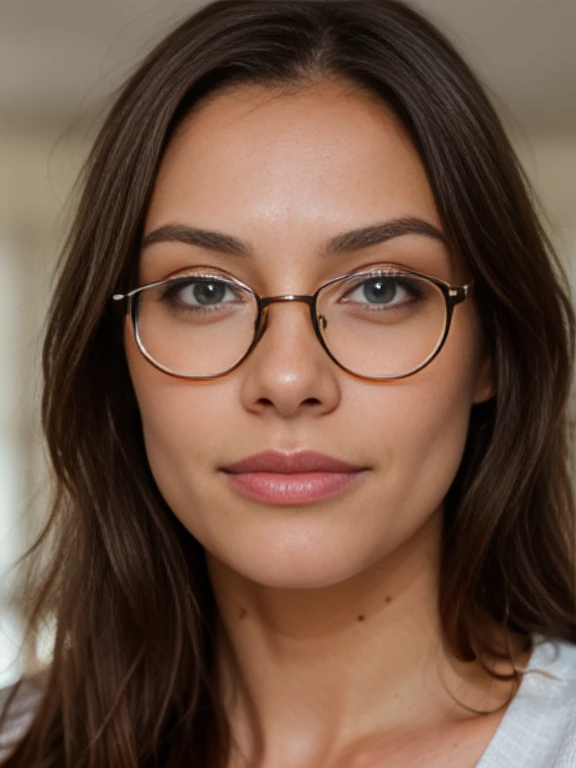 Woman with Beautiful Soft Symmetric Features: A Close-Up Portrait in Bedroom with Glasses Revealing Skin (Highly Detailed, 30 Years Old, Innocent Expression, Long Brown Hair, Blue Eyes, High Resolution, Masterpiece, Best Quality, Intricate Details, Sharp Focus, Detailed Skin, Realistic Skin Texture, Texture, Detailed Eyes, Professional, 4K, Charming Smile, Filmed with Canon, 85 mm, Shallow Depth of Field, Kodak Vision Color, Perfect Fit Body, Extremely Detailed, Photorealistic, Realistic, Post-Processing, Maximum