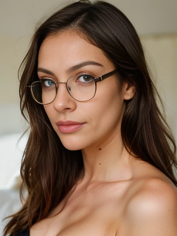 Woman with Beautiful Soft Symmetric Features: A Close-Up Portrait in Bedroom with Glasses Revealing Skin (Highly Detailed, 30 Years Old, Innocent Expression, Long Brown Hair, Blue Eyes, High Resolution, Masterpiece, Best Quality, Intricate Details, Sharp Focus, Detailed Skin, Realistic Skin Texture, Texture, Detailed Eyes, Professional, 4K, Charming Smile, Filmed with Canon, 85 mm, Shallow Depth of Field, Kodak Vision Color, Perfect Fit Body, Extremely Detailed, Photorealistic, Realistic, Post-Processing, Maximum