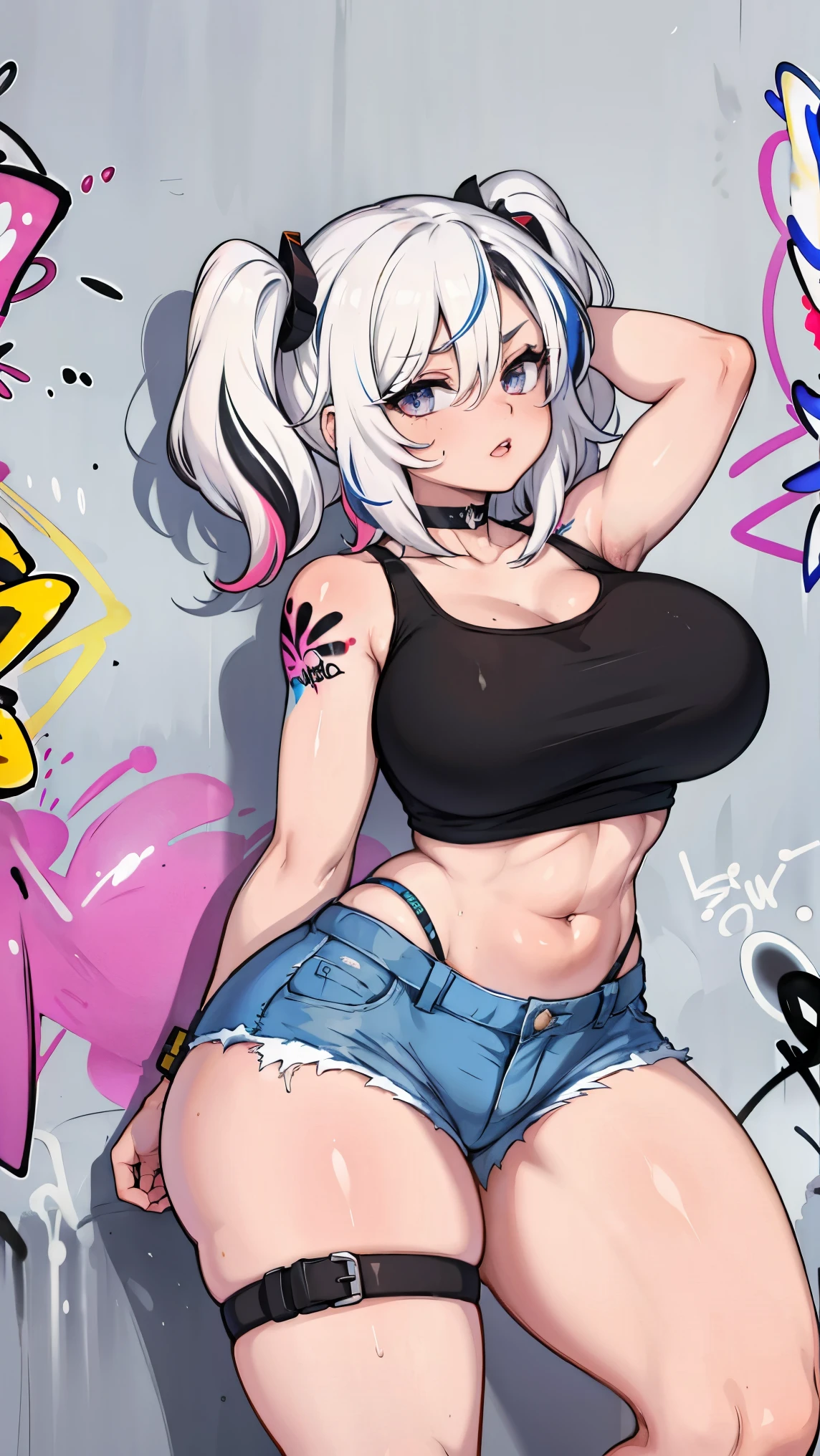 absurdres, best quality, 1woman, plump, solo, streaked hair, crop top, denim shorts, choker, (graffiti:1.4), paint splatter, arms behind back, (slouching), (leaning back:0.5), against wall, (leaning to the side:0.5), looking at viewer, armband, thigh strap, streaked hair, paint on body, upturned eyes, head down, head tilt, (from side:1), bored