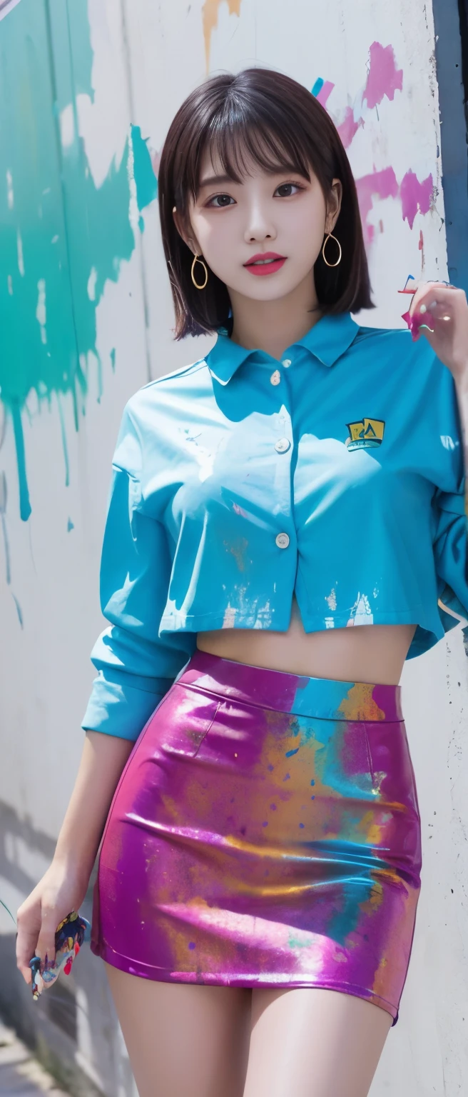 Colorful idol covered in paint、whole body、good style、、、、、Paint-covered business suit（tight mini skirt）、colorful hair、Building covered in paint