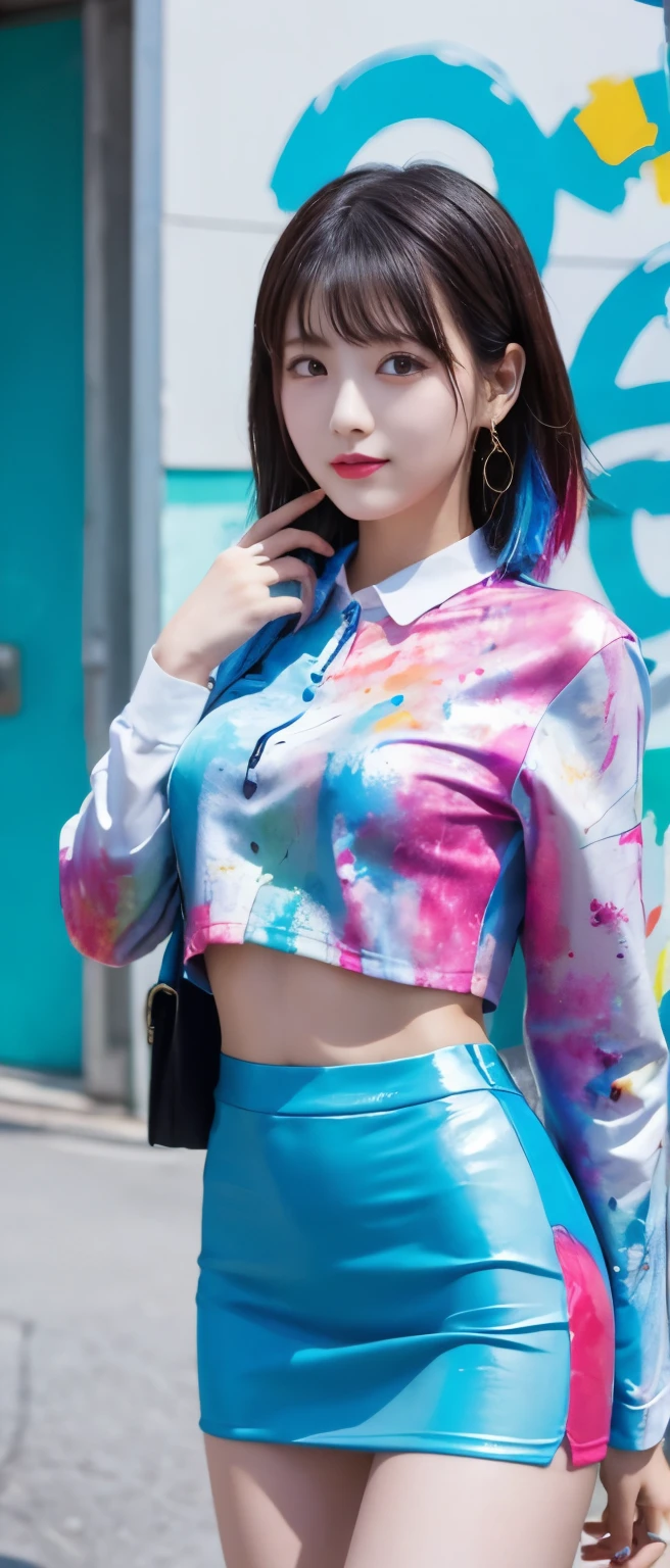 Colorful idol covered in paint、whole body、good style、、、、、Paint-covered business suit(tight mini skirt)、colorful hair、Building covered in paint