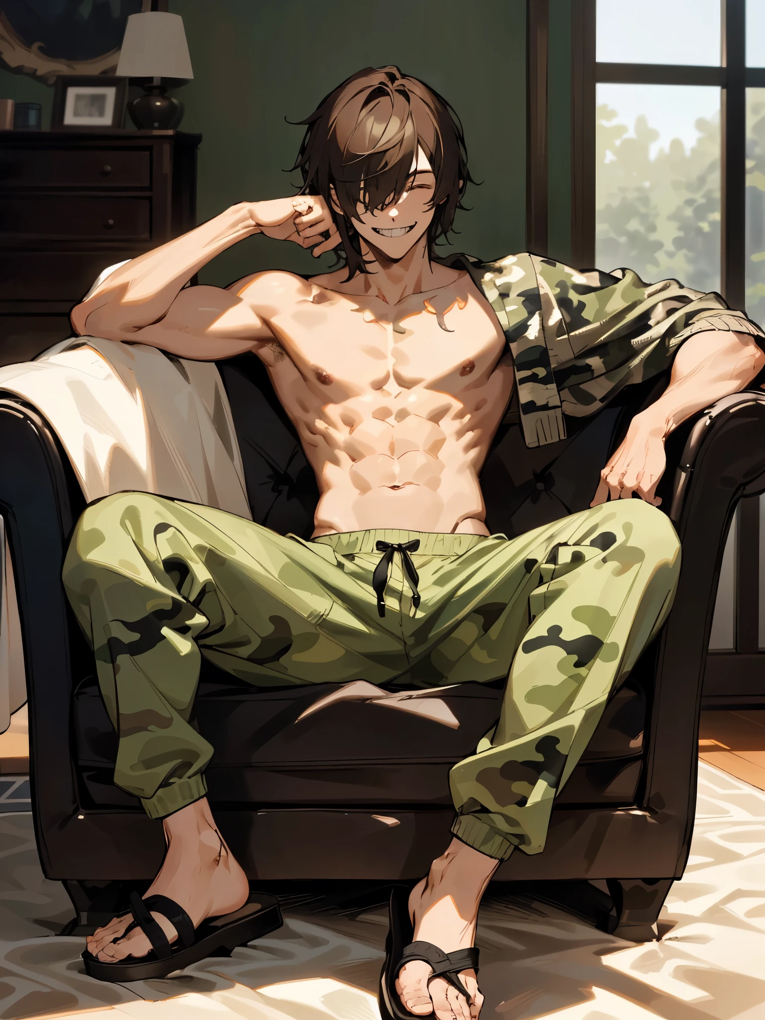 (highest resolution, distinct_image) The best quality, 1 man, hair covering eyes, brunette, highly detailed, semi realistic, living room, camouflage joggers, sandals, sitting, sharp teeth, smiling, playful, mysterious, charming, casual, shirtless