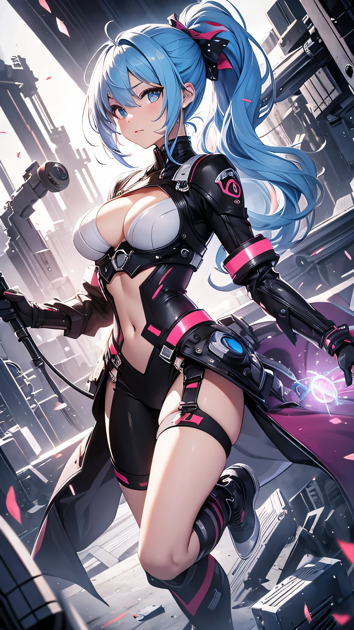 最high quality、best image quality、masterpiece、girl((20-year-old、 By becoming、vest bust、medium bust,wide open breast tea、shining eyes, light blue hair、long hair、thin,highest valley、ponytail、action of looking up、full body bandage、Black and white suit、Rear view、emphasize the buttocks)),high quality、beautiful art、background((Near future、Machine area、energy field))、Flight、debris flies、Depth of written boundary、movie、visual art、perfect art、8k,genuine、