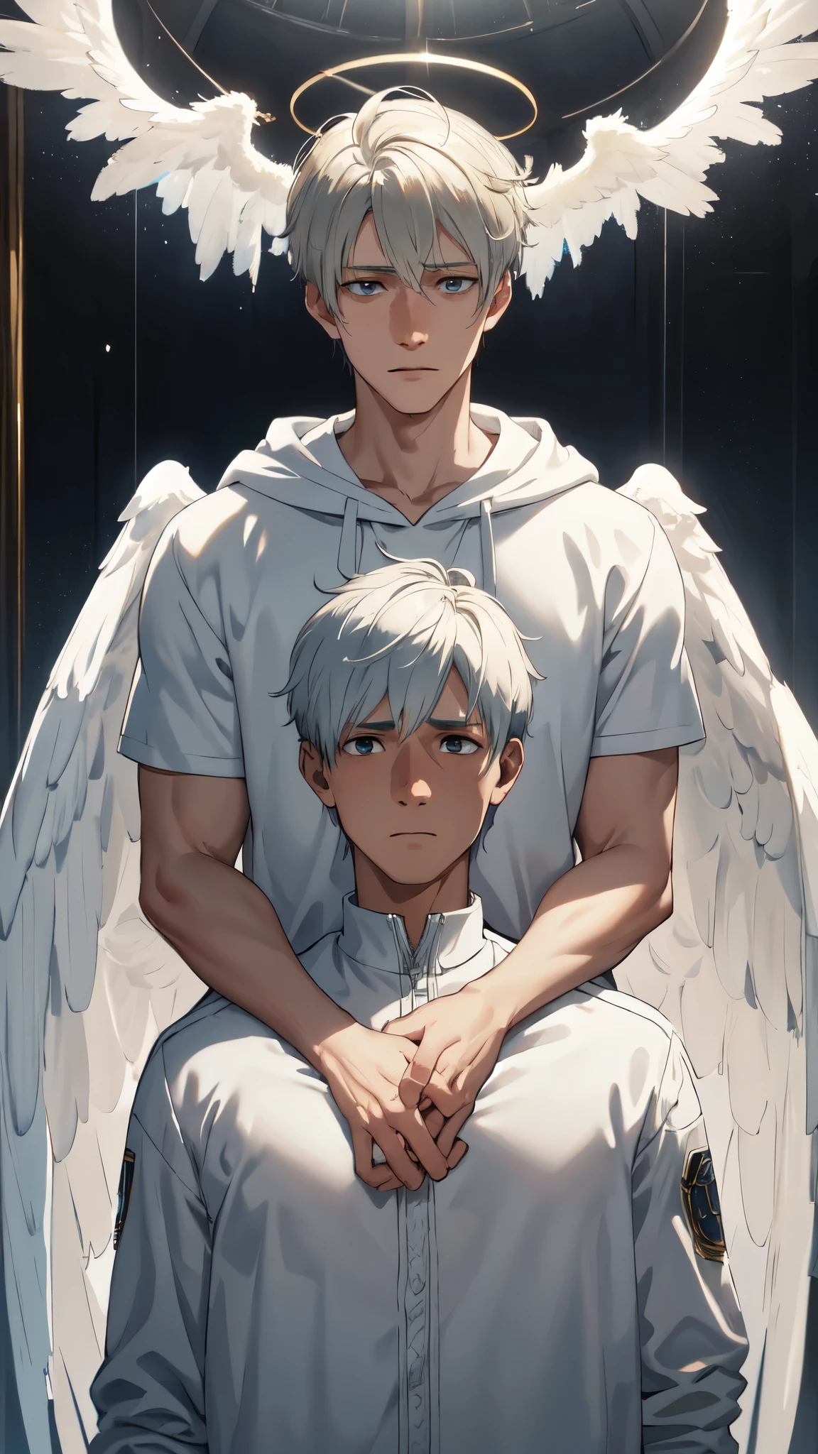 The Celestial Angels, Angels Descending from the Sky, (1man, 1boy, athletic:1.5), (sadness expression), hoody, angel wings, halo, realistic epic, soft cinematic portrait, Adobe Lightroom, Photo Lab, highly detailed, faded, (neutral colors: 1.2), (HDR: 1.4), (soft colors:1.2), hyperdetailed, (Artstation:1.4), cinematic, warm lights, dramatic light, (intricate details:1.1), complex background, (Rutkowski:0.66), (blue and orange:0.4)