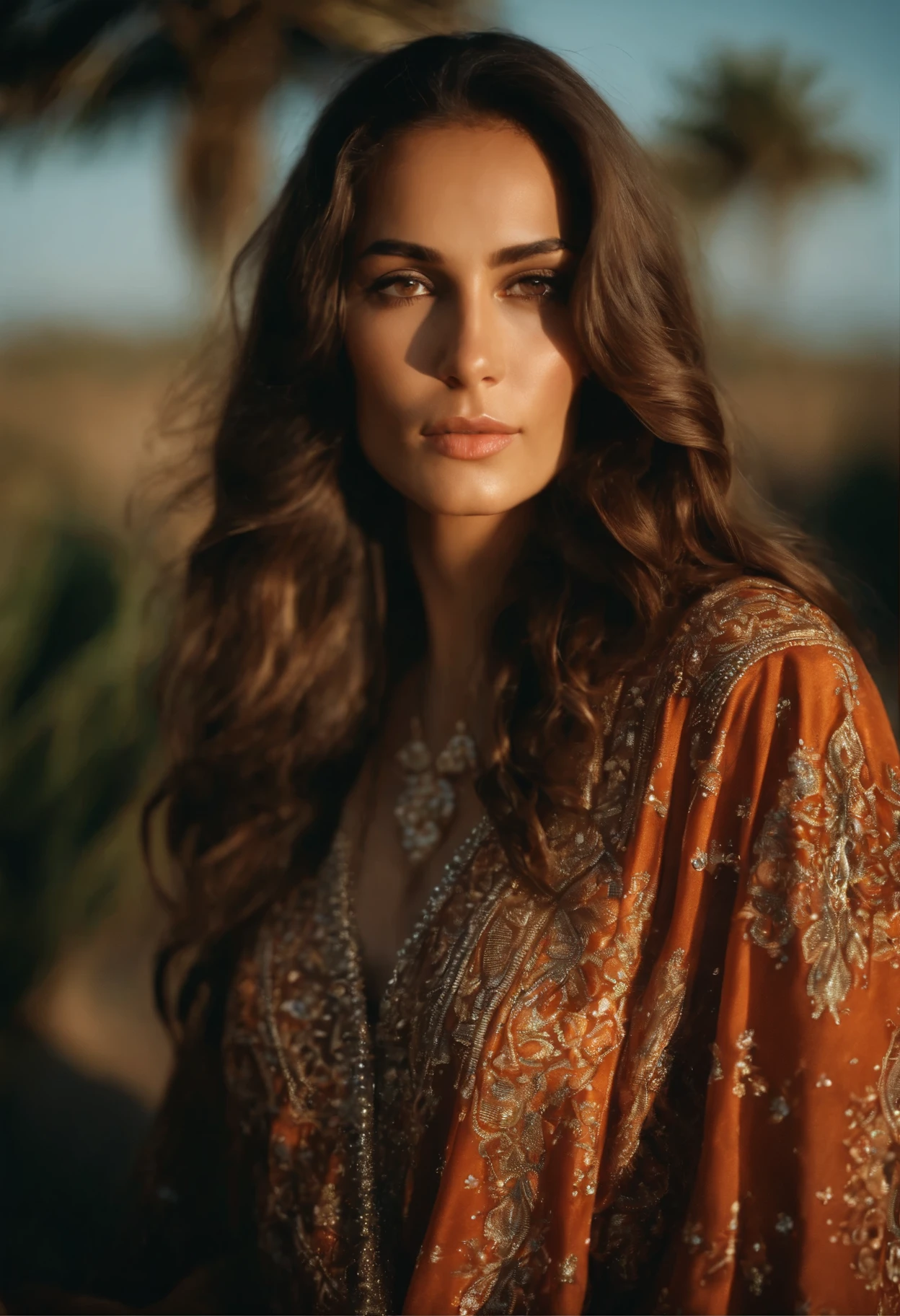 Beauty women of 25 year old, with Brown long hair, and Brown eyes, wearing a moroccan caftan, shot on kodak gold 400