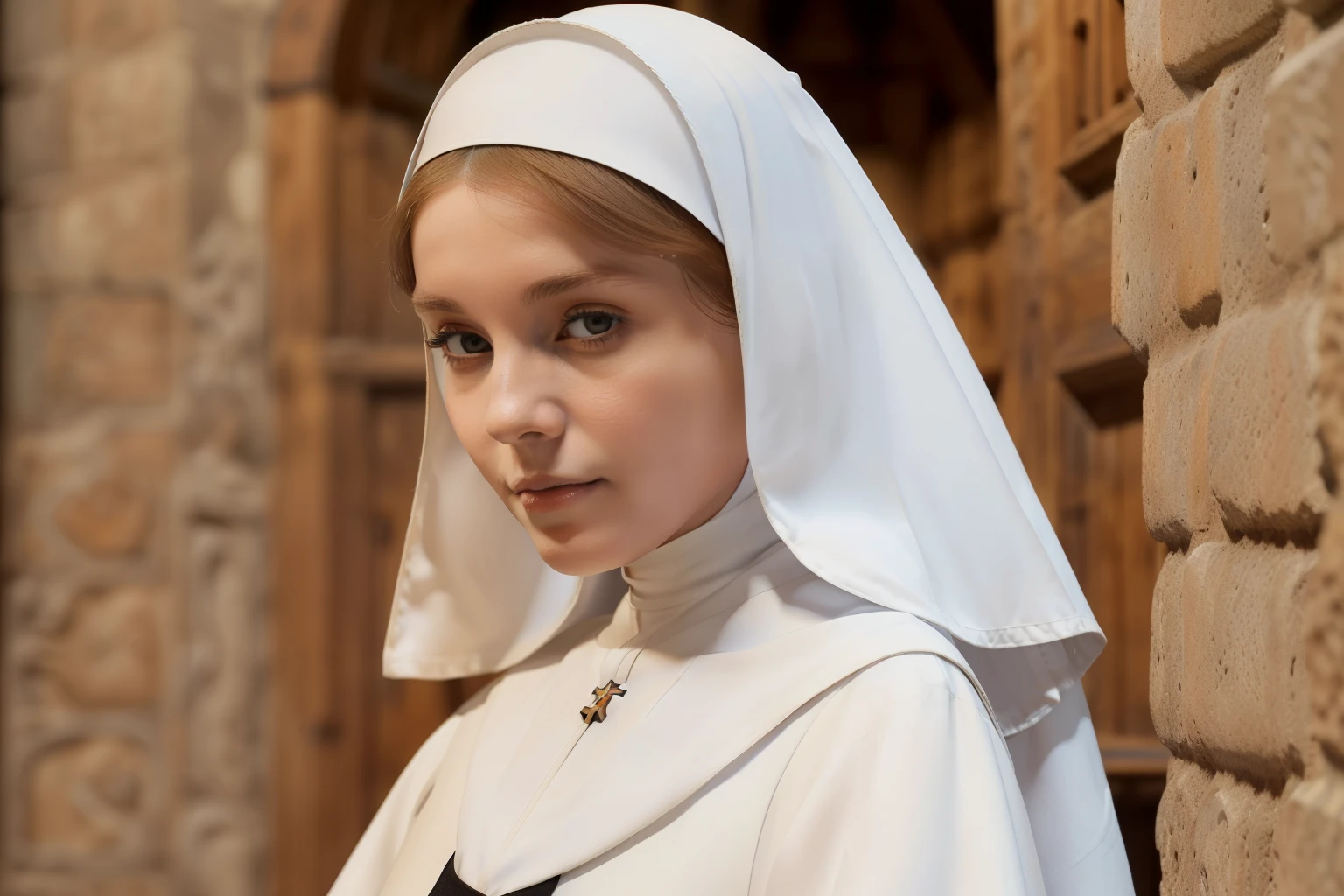 England, 1346. A young ((((29-year-old)) Caris Wooler)), attractive, expressive eyes, in the convent, ((perceptive expression)). ((((clothings from the 1300s, medieval nun nurse white uniform)))), ((light chestnut hairstyle of the 1300s))