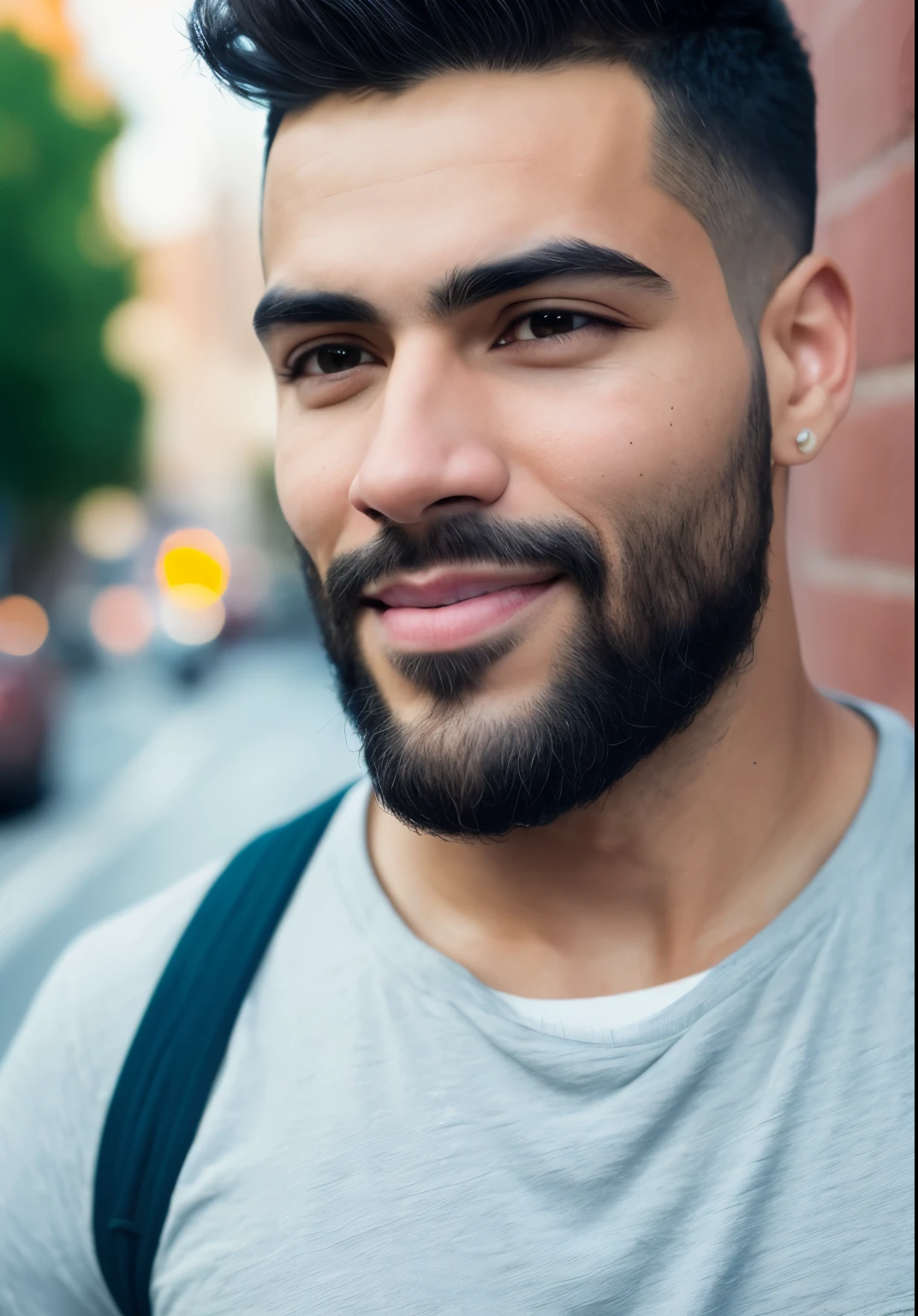 Pretty handsome latino, walking on downtown, detailed face, best quality, high quality, skin indentation, skin pores, textured skin, analog, film grain, detailed eyes, perfect mouth, 8k, uhd, 8k uhd, closed mouth, casual clothes, beard, pale skin,