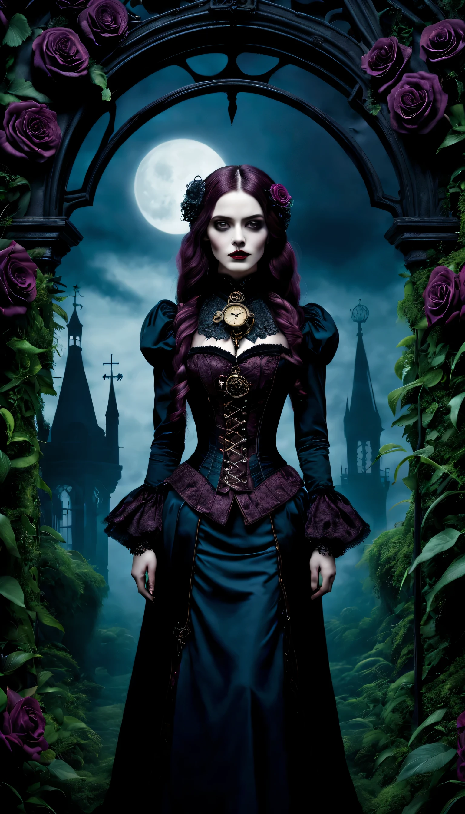 (Gothic aesthetics,victorian style,Steampunk,dark,Romantic,unforgettable,) In a dark, mysterious environment, a girl with a victorian style outfit stands in a gothic garden. She has beautiful detailed eyes, With eye-catching long eyelashes. Her lips are also very delicate, adding to her enchanting presence. The girl’s face is extremely detailed, Exquisite facial features show her elegance. 她散发着神秘和Romantic气息. The garden is filled with lush plants, overgrown vegetation, creating a unforgettable atmosphere. plants intertwined with mechanical elements, giving the garden a Steampunk twist. The sky above is deep, dark blue, Complements the gothic atmosphere. Artwork is of the highest quality, See intricate details even at the highest resolution, For example 4K or 8K. Every element is captured with ultra-detailed precision, Create a realistic feel. The lighting is reminiscent of studio lighting, Dramatic shadows enhance the mysterious atmosphere of the scene. Bright colors used in the artwork, with a color palette that leans towards dark and moody tones. crimson tint, purple, Black dominates the image, adding to the Gothic aesthetics. The overall color scheme contributes to the unforgettable and Romantic atmosphere. In this gothic style scene, A combination of elements from the victorian era, Steampunk influences, and dark aesthetics creates a captivating visual experience. It takes viewers into a world where technology blends with Victorian elegance and mystery, stimulate imagination,Bring endless possibilities.