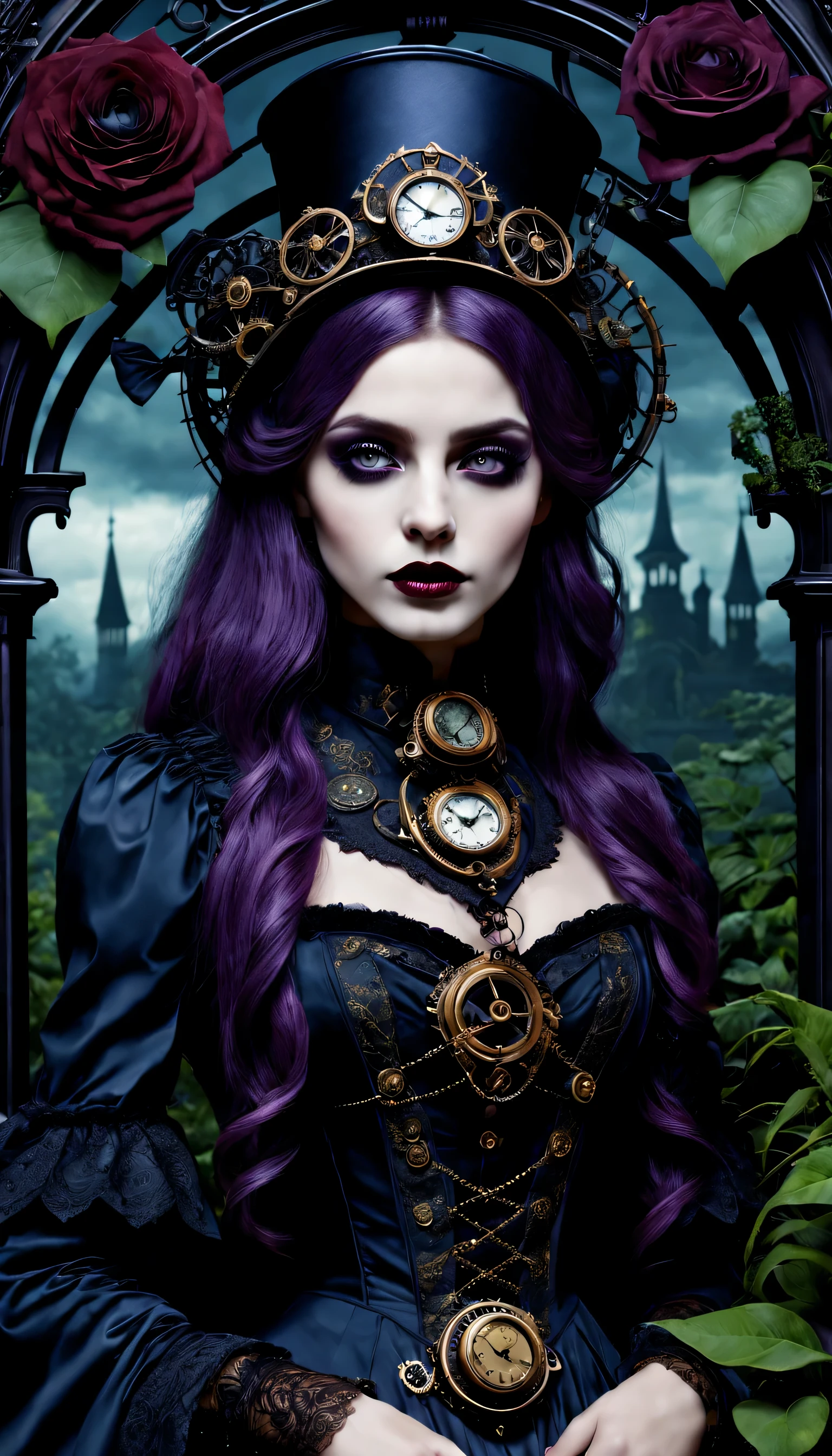 (Gothic aesthetics,victorian style,Steampunk,dark,Romantic,unforgettable,) In a dark, mysterious environment, a girl with a victorian style outfit stands in a gothic garden. She has beautiful detailed eyes, With eye-catching long eyelashes. Her lips are also very delicate, adding to her enchanting presence. The girl’s face is extremely detailed, Exquisite facial features show her elegance. 她散发着神秘和Romantic气息. The garden is filled with lush plants, overgrown vegetation, creating a unforgettable atmosphere. plants intertwined with mechanical elements, giving the garden a Steampunk twist. The sky above is deep, dark blue, Complements the gothic atmosphere. Artwork is of the highest quality, See intricate details even at the highest resolution, For example 4K or 8K. Every element is captured with ultra-detailed precision, Create a realistic feel. The lighting is reminiscent of studio lighting, Dramatic shadows enhance the mysterious atmosphere of the scene. Bright colors used in the artwork, with a color palette that leans towards dark and moody tones. crimson tint, purple, Black dominates the image, adding to the Gothic aesthetics. The overall color scheme contributes to the unforgettable and Romantic atmosphere. In this gothic style scene, A combination of elements from the victorian era, Steampunk influences, and dark aesthetics creates a captivating visual experience. It takes viewers into a world where technology blends with Victorian elegance and mystery, stimulate imagination，Bring endless possibilities.