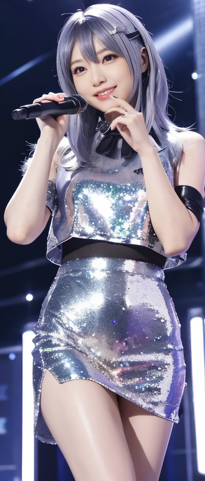 cyber idol、whole body、good style、、、、、silver sequin business suit(tight ilver hair、cyber building