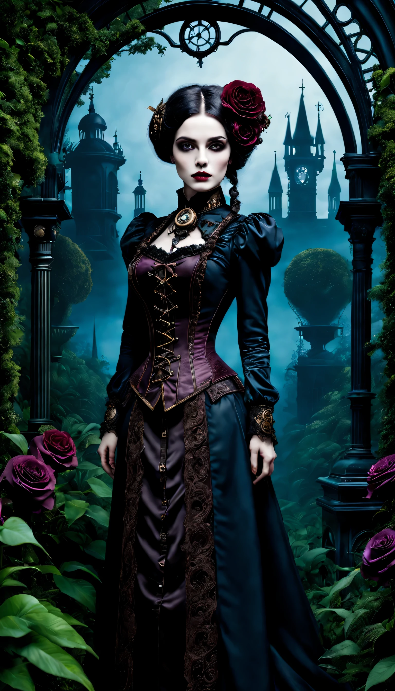 (Gothic aesthetics,victorian style,Steampunk,dark,Romantic,unforgettable,) In a dark, mysterious environment, a girl with a victorian style outfit stands in a gothic garden. She has beautiful detailed eyes, With eye-catching long eyelashes. Her lips are also very delicate, adding to her enchanting presence. The girl’s face is extremely detailed, Exquisite facial features show her elegance. 她散发着神秘和Romantic气息. The garden is filled with lush plants, overgrown vegetation, creating a unforgettable atmosphere. plants intertwined with mechanical elements, giving the garden a Steampunk twist. The sky above is deep, dark blue, Complements the gothic atmosphere. Artwork is of the highest quality, See intricate details even at the highest resolution, For example 4K or 8K. Every element is captured with ultra-detailed precision, Create a realistic feel. The lighting is reminiscent of studio lighting, Dramatic shadows enhance the mysterious atmosphere of the scene. Bright colors used in the artwork, with a color palette that leans towards dark and moody tones. crimson tint, purple, Black dominates the image, adding to the Gothic aesthetics. The overall color scheme contributes to the unforgettable and Romantic atmosphere. In this gothic style scene, A combination of elements from the victorian era, Steampunk influences, and dark aesthetics creates a captivating visual experience. It takes viewers into a world where technology blends with Victorian elegance and mystery, stimulate imagination，Bring endless possibilities.
