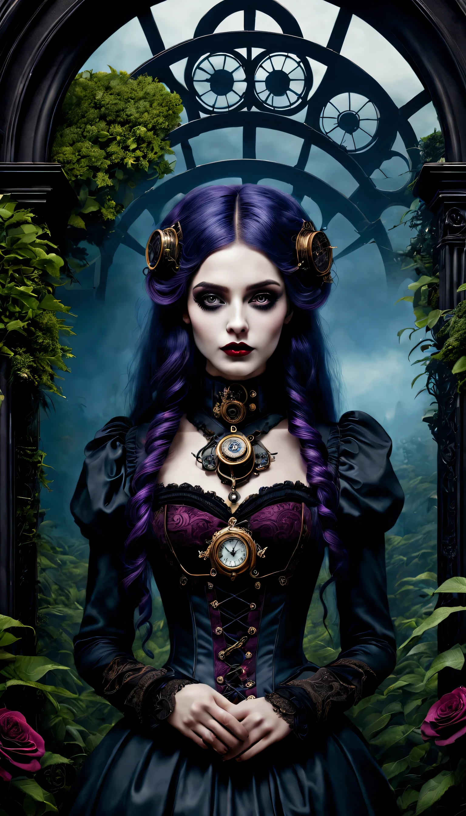 (Gothic aesthetics,victorian style,Steampunk,dark,Romantic,unforgettable,) In a dark, mysterious environment, a girl with a victorian style outfit stands in a gothic garden. She has beautiful detailed eyes, With eye-catching long eyelashes. Her lips are also very delicate, adding to her enchanting presence. The girl’s face is extremely detailed, Exquisite facial features show her elegance. 她散发着神秘和Romantic气息. The garden is filled with lush plants, overgrown vegetation, creating a unforgettable atmosphere. plants intertwined with mechanical elements, giving the garden a Steampunk twist. The sky above is deep, dark blue, Complements the gothic atmosphere. Artwork is of the highest quality, See intricate details even at the highest resolution, For example 4K or 8K. Every element is captured with ultra-detailed precision, Create a realistic feel. The lighting is reminiscent of studio lighting, Dramatic shadows enhance the mysterious atmosphere of the scene. Bright colors used in the artwork, with a color palette that leans towards dark and moody tones. crimson tint, purple, Black dominates the image, adding to the Gothic aesthetics. The overall color scheme contributes to the unforgettable and Romantic atmosphere. In this gothic style scene, A combination of elements from the victorian era, Steampunk influences, and dark aesthetics creates a captivating visual experience. It takes viewers into a world where technology blends with Victorian elegance and mystery, stimulate imagination，Bring endless possibilities.