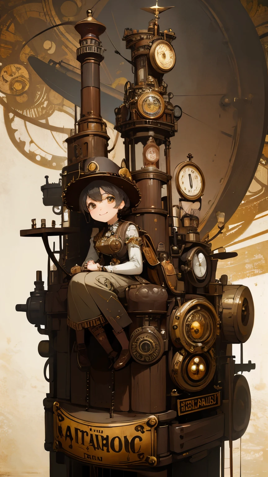 steampunkai。highest quality。masterpiece。detailed details。one woman。Postman in steampunk style。see the beholder。smile。