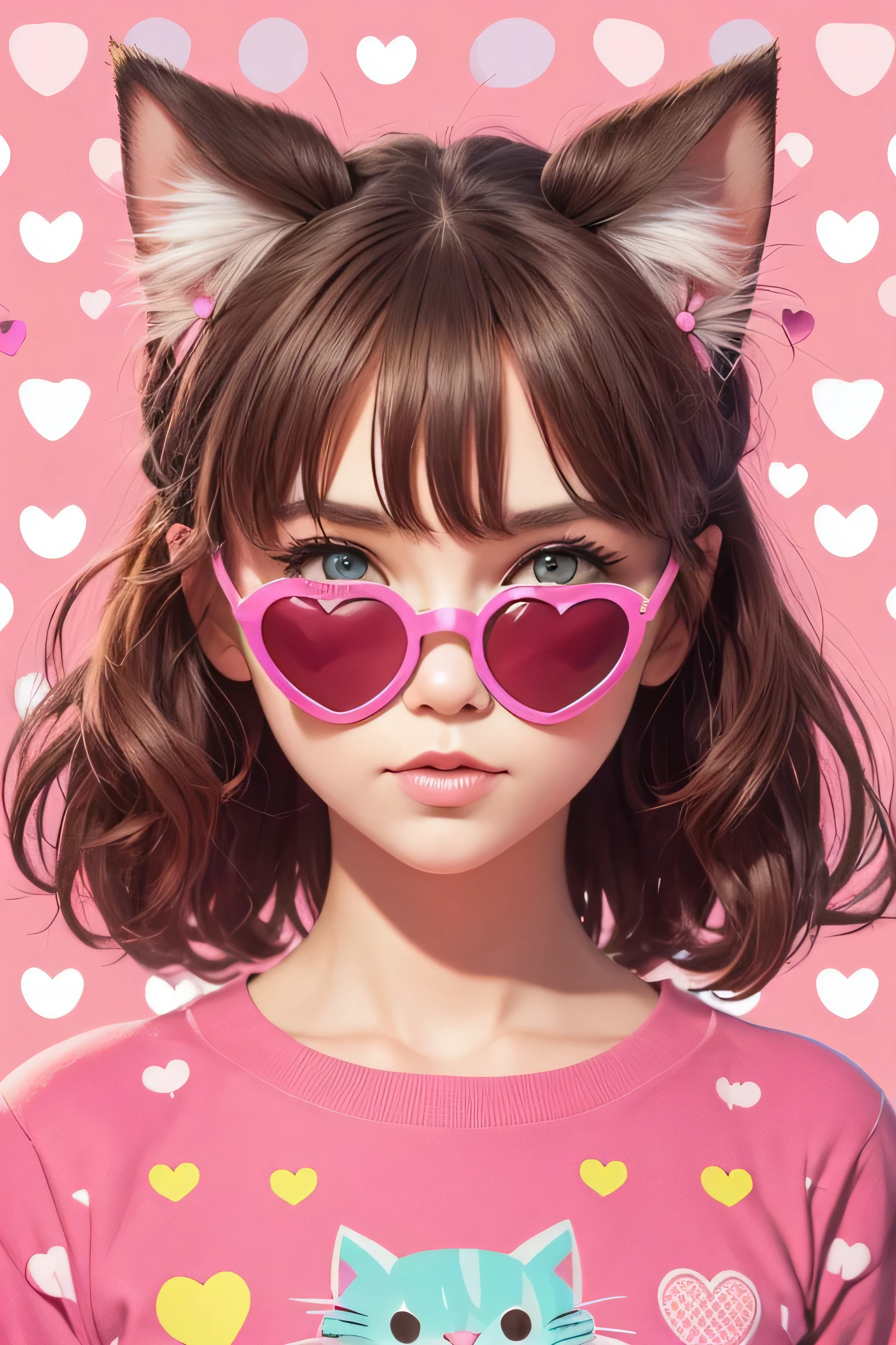 {Funny portrait cute kitty with a heart shaped sunglases} illustration 
in the style of steve hillier, pink, quirky details, candy hearts pattern 
background, harry shoulberg, creased, captivating, talbot hughes, no hands, 
close up