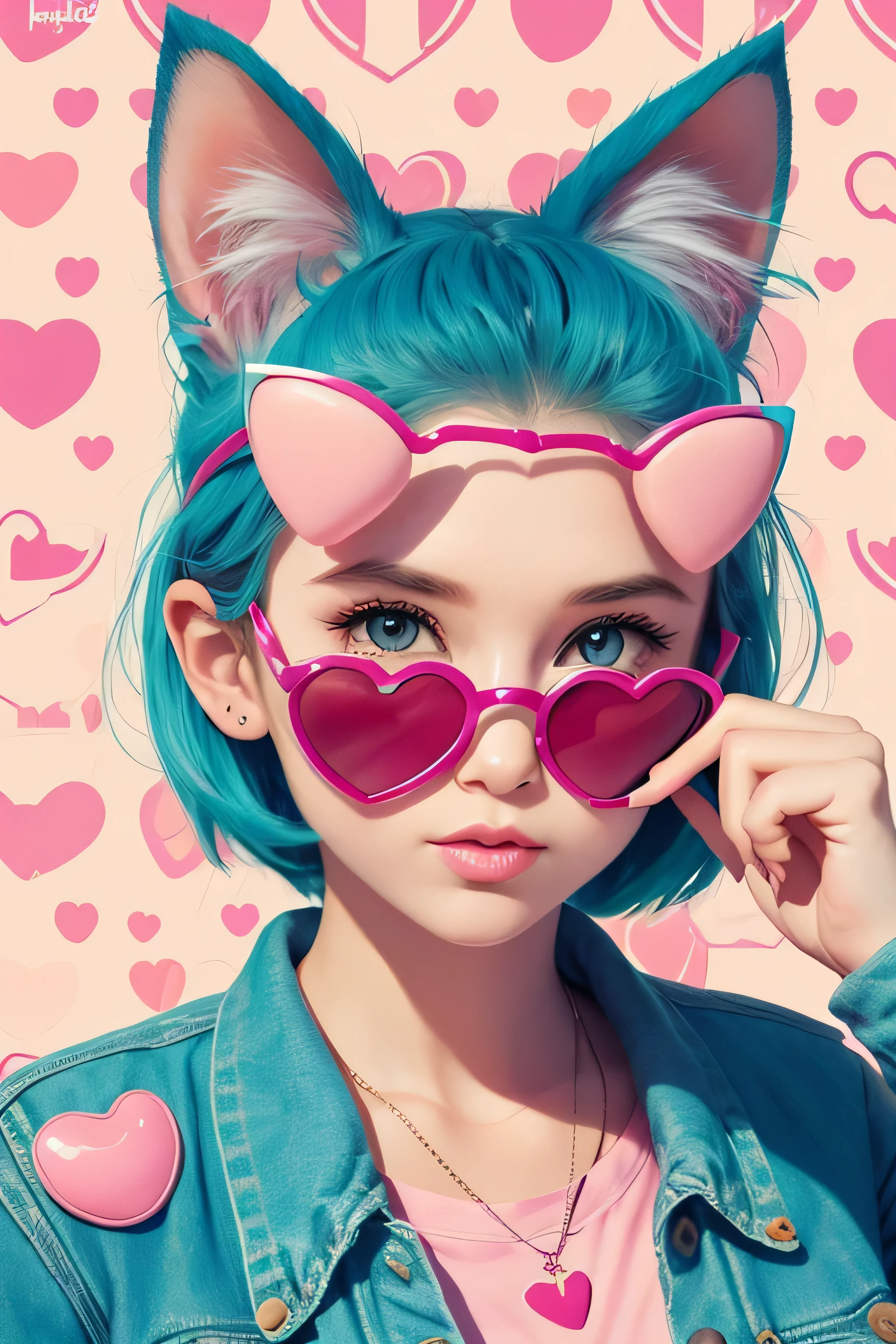 {Funny portrait cute kitty with a heart shaped sunglases} illustration 
in the style of steve hillier, pink, quirky details, candy hearts pattern 
background, harry shoulberg, creased, captivating, talbot hughes, no hands, 
close up