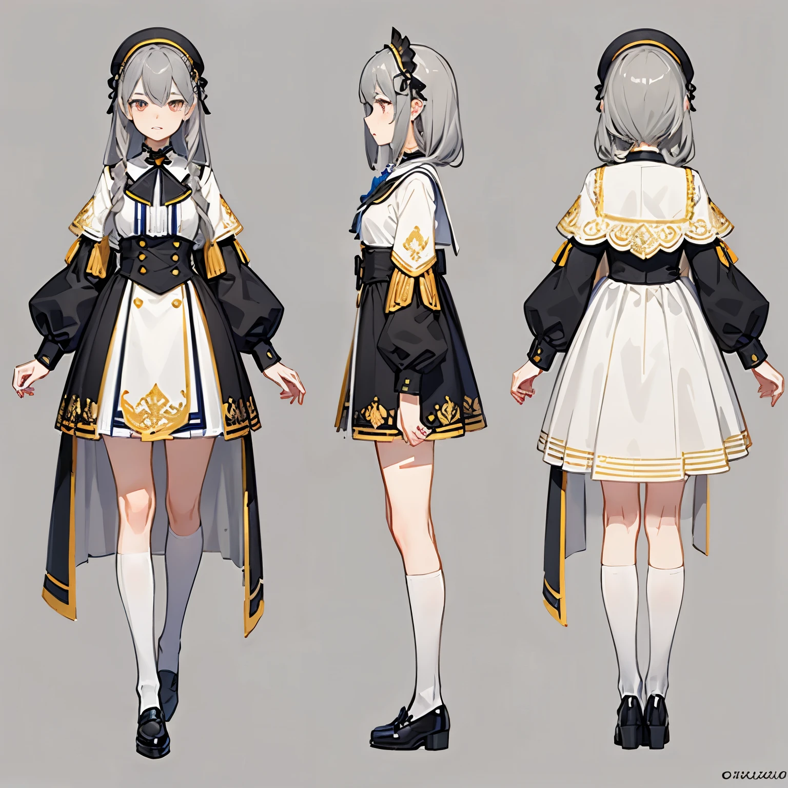 ((((gray background,)))),Polka_point, background, whole body, white school uniform,White knee socks, Front view, side view, Rear view, golden eyes, glowing pupils, Delicate headdress, black long straight hair, ribbon, jewelry, faint smile, Dress uniformly, (Reference table), ultra high definition, precise, Ultra-detailed, Award-winning, high detail, best quality, 8k