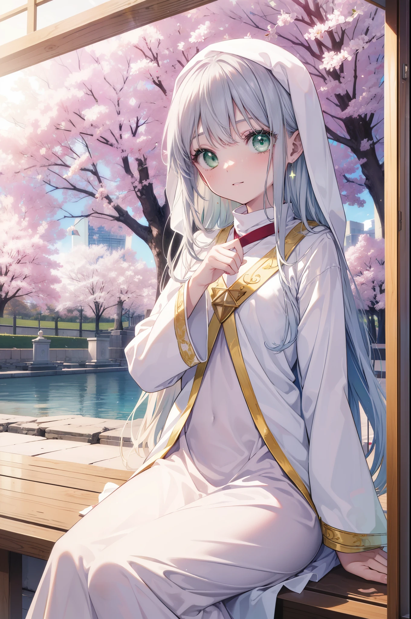 index, index, (green eyes:1.5), silver hair, long hair, (flat chest:1.2),smile,happy atmosphere,
break the habit, long sleeve, nun, robe, white robe, wide sleeve,long skirt,brown short boots,A sheet is stretched under the cherry tree,I&#39;Iは桜の木の下でシートに座っています,food is placed on the seat,pink landscape,
壊す looking at viewer, Upper body, whole body,
rest outdoors, Demolish a park where cherry blossoms are blooming (masterpiece:1.2), highest quality, High resolution, unity 8k wallpaper, (shape:0.8), (fine and beautiful eyes:1.6), highly detailed face, perfect lighting, Very detailed CG, (perfect hands, perfect anatomy),