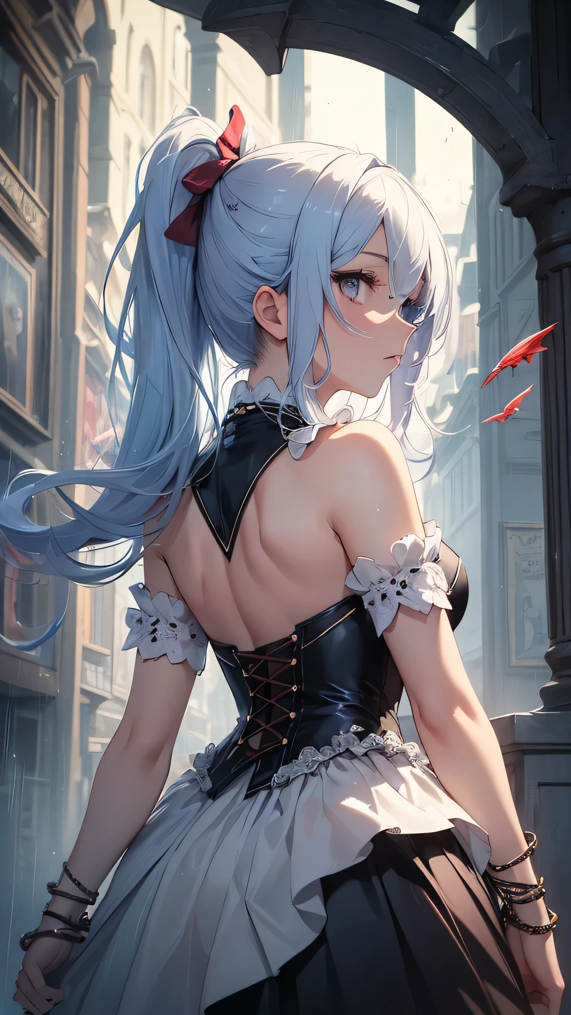 最high quality、best image quality、masterpiece、girl((20-year-old、 By becoming、vest bust、medium bust,wide open breast tea、shining eyes, light blue hair、long hair、thin,highest valley、ponytail、action of looking up、bandage、black dress、long skirt、Rear view、emphasize the buttocks)),high quality、beautiful art、background((Gorgeous castle、Rain of blood))、Flight、debris flies、Depth of written boundary、movie、visual art、perfect art、8k,genuine、