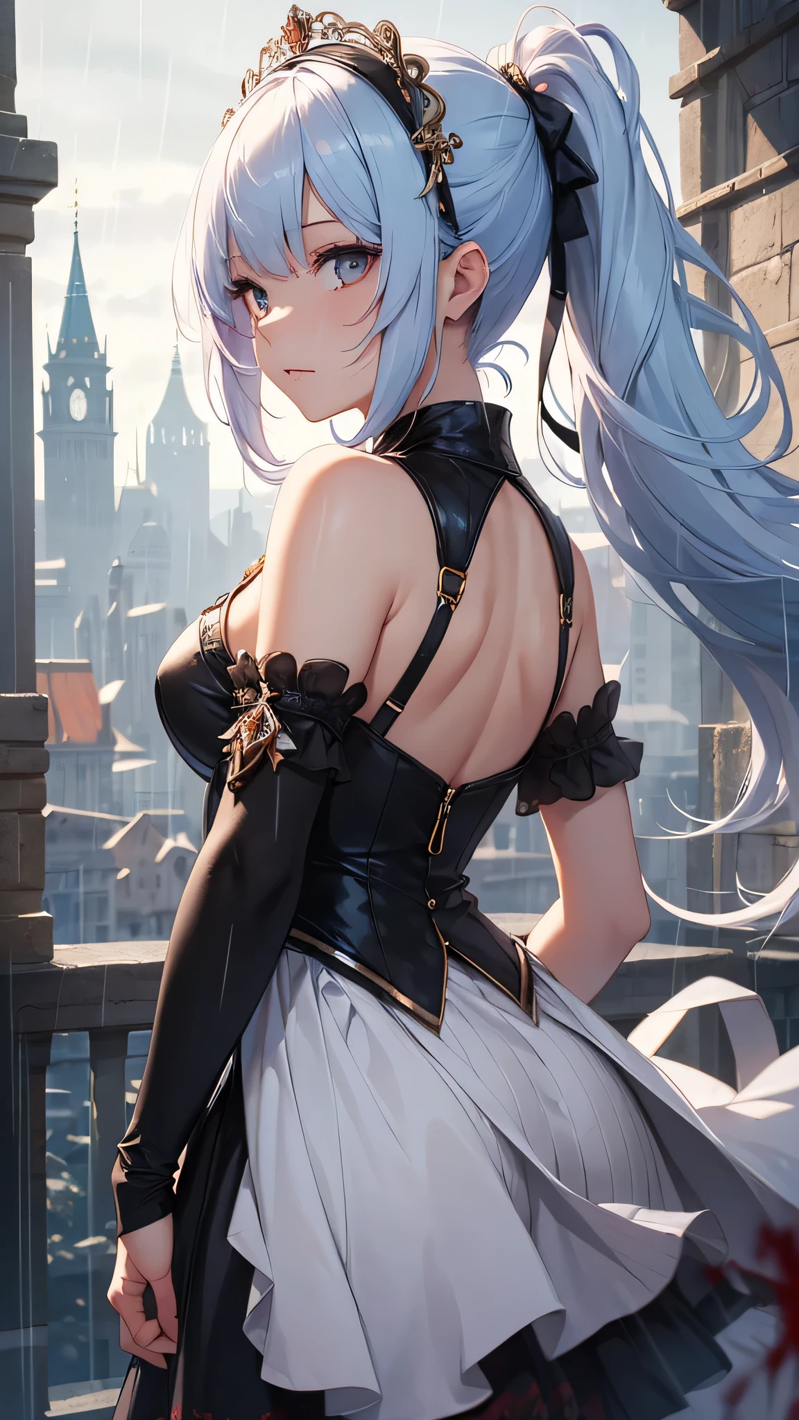 最high quality、best image quality、masterpiece、girl((20-year-old、 By becoming、vest bust、medium bust,wide open breast tea、shining eyes, light blue hair、long hair、thin,highest valley、ponytail、action of looking up、bandage、black dress、long skirt、Rear view、emphasize the buttocks)),high quality、beautiful art、background((Gorgeous castle、Rain of blood))、Flight、debris flies、Depth of written boundary、movie、visual art、perfect art、8k,genuine、