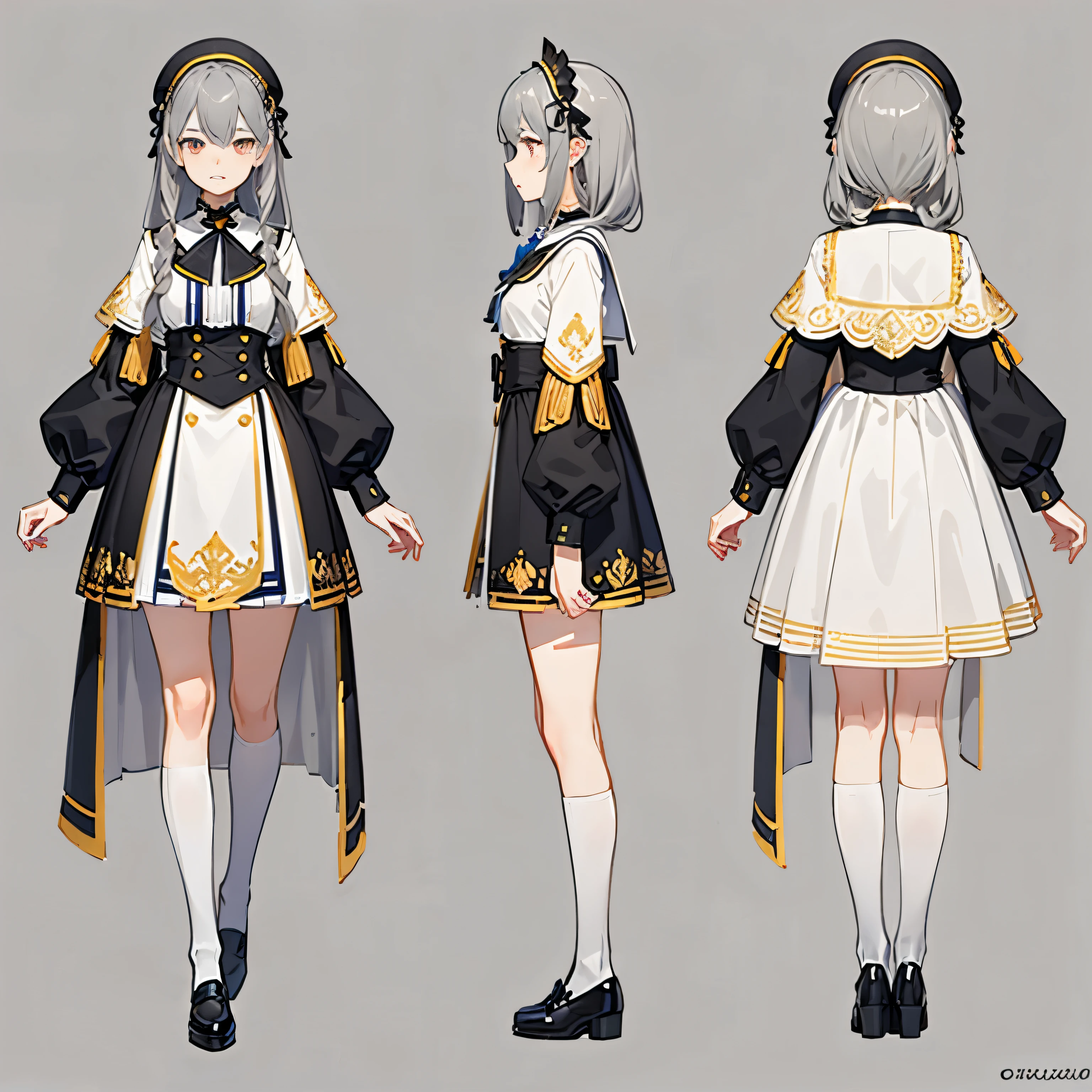 ((((gray background,)))),Polka_View, background, whole body, white school uniform,White knee-length socks， Front view, side view, Rear view, golden eyes, glowing pupils, Delicate headdress, black long straight hair, ribbon, jewelry, faint smile, Dress uniformly, (Reference table), ultra high definition, precise, Super detailed, Award-winning, high detail, best quality, 8k