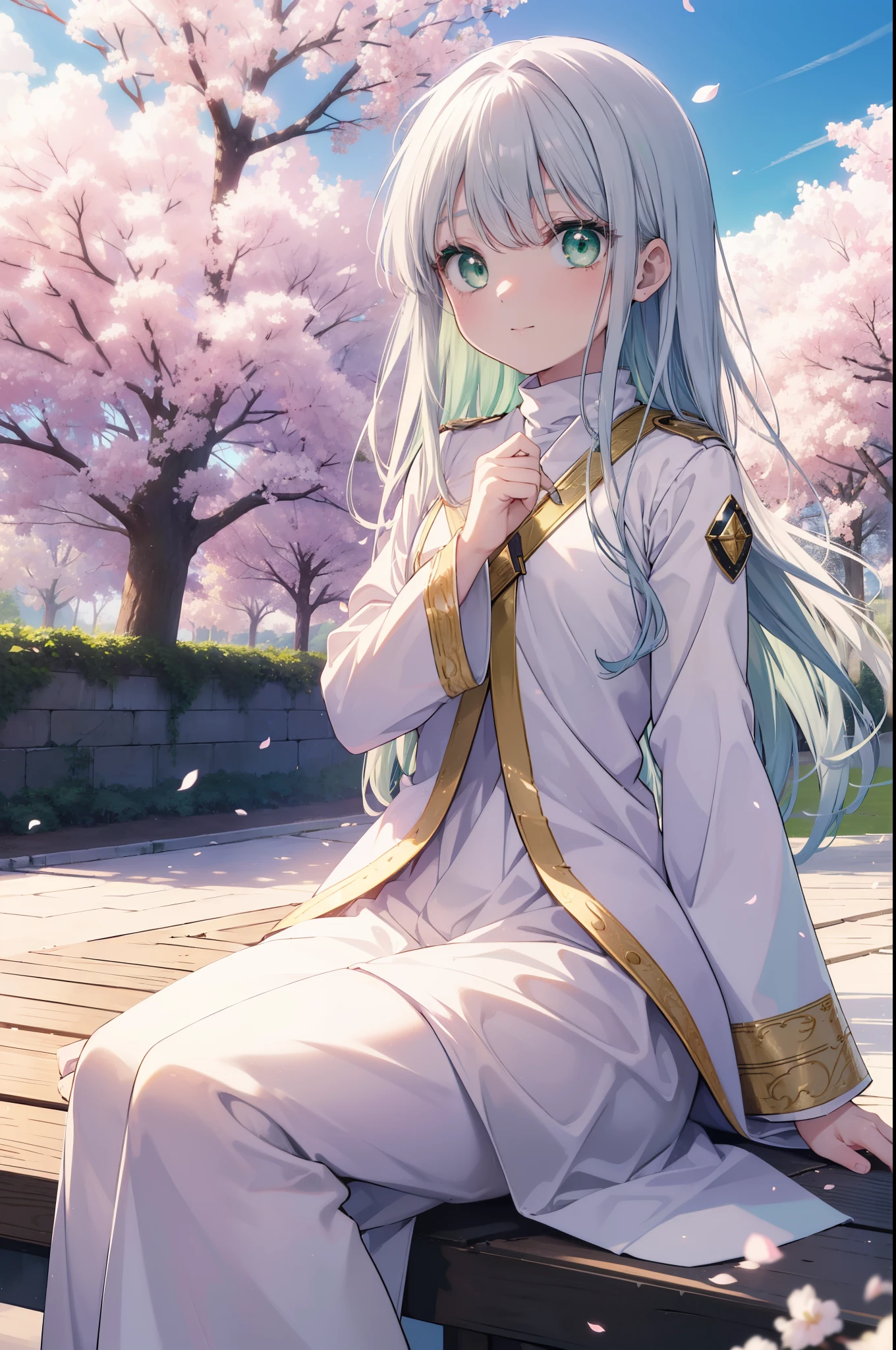 index, index, (green eyes:1.5), silver hair, long hair, (flat chest:1.2),smile,happy atmosphere,
break the habit, long sleeve, nun, robe, white robe, wide sleeve,long skirt,brown short boots,A sheet is stretched under the cherry tree,I'Iは桜の木の下でシートに座っています,food is placed on the seat,pink landscape,
壊す looking at viewer, Upper body, whole body,
rest outdoors, Demolish a park where cherry blossoms are blooming (masterpiece:1.2), highest quality, High resolution, unity 8k wallpaper, (shape:0.8), (fine and beautiful eyes:1.6), highly detailed face, perfect lighting, Very detailed CG, (perfect hands, perfect anatomy),