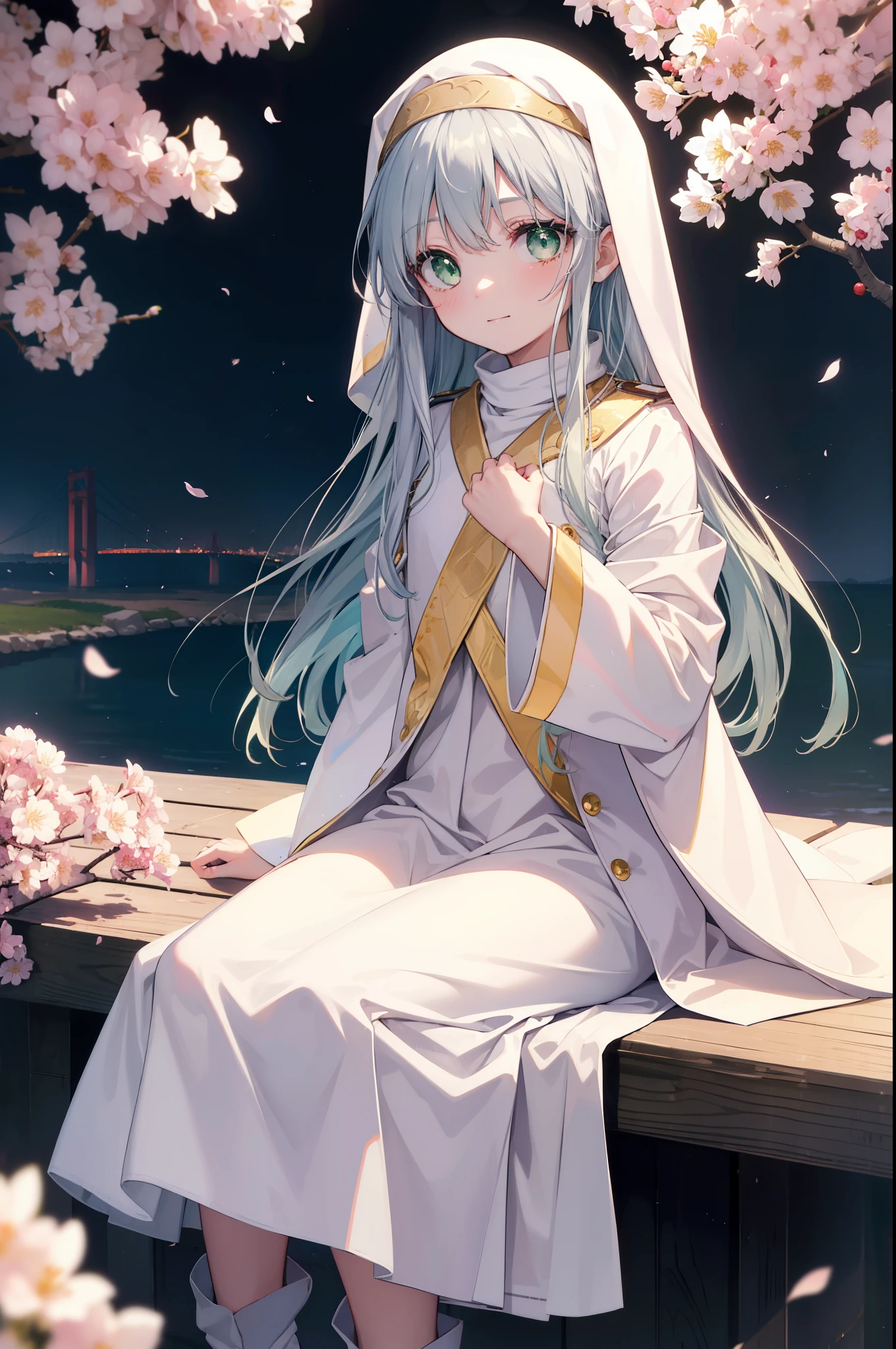 index, index, (green eyes:1.5), silver hair, long hair, (flat chest:1.2),smile,happy atmosphere,
break the habit, long sleeve, nun, robe, white robe, wide sleeve,long skirt,brown short boots,A sheet is stretched under the cherry tree,I&#39;Iは桜の木の下でシートに座っています,food is placed on the seat,pink landscape,
壊す looking at viewer, Upper body, whole body,
rest outdoors, Demolish a park where cherry blossoms are blooming (masterpiece:1.2), highest quality, High resolution, unity 8k wallpaper, (shape:0.8), (fine and beautiful eyes:1.6), highly detailed face, perfect lighting, Very detailed CG, (perfect hands, perfect ???????),