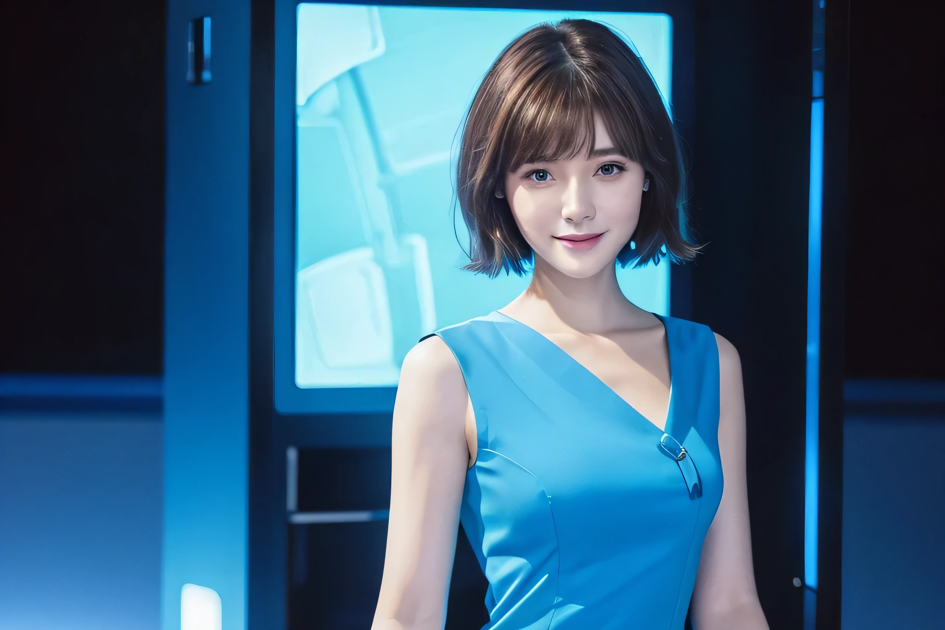 Woman Standing On Right Side Of Screen, 25 year old female,short hair,Looking to the left,turn left palm up /(pencil dress/) /(bright blue dress/) , /(bolero jacket/), /(brown hair/) bangs, gentle smile, (A masterpiece of the highest quality:1.2) Delicate illustrations are drawn in super detail, / /(inside the spaceship/), dim background