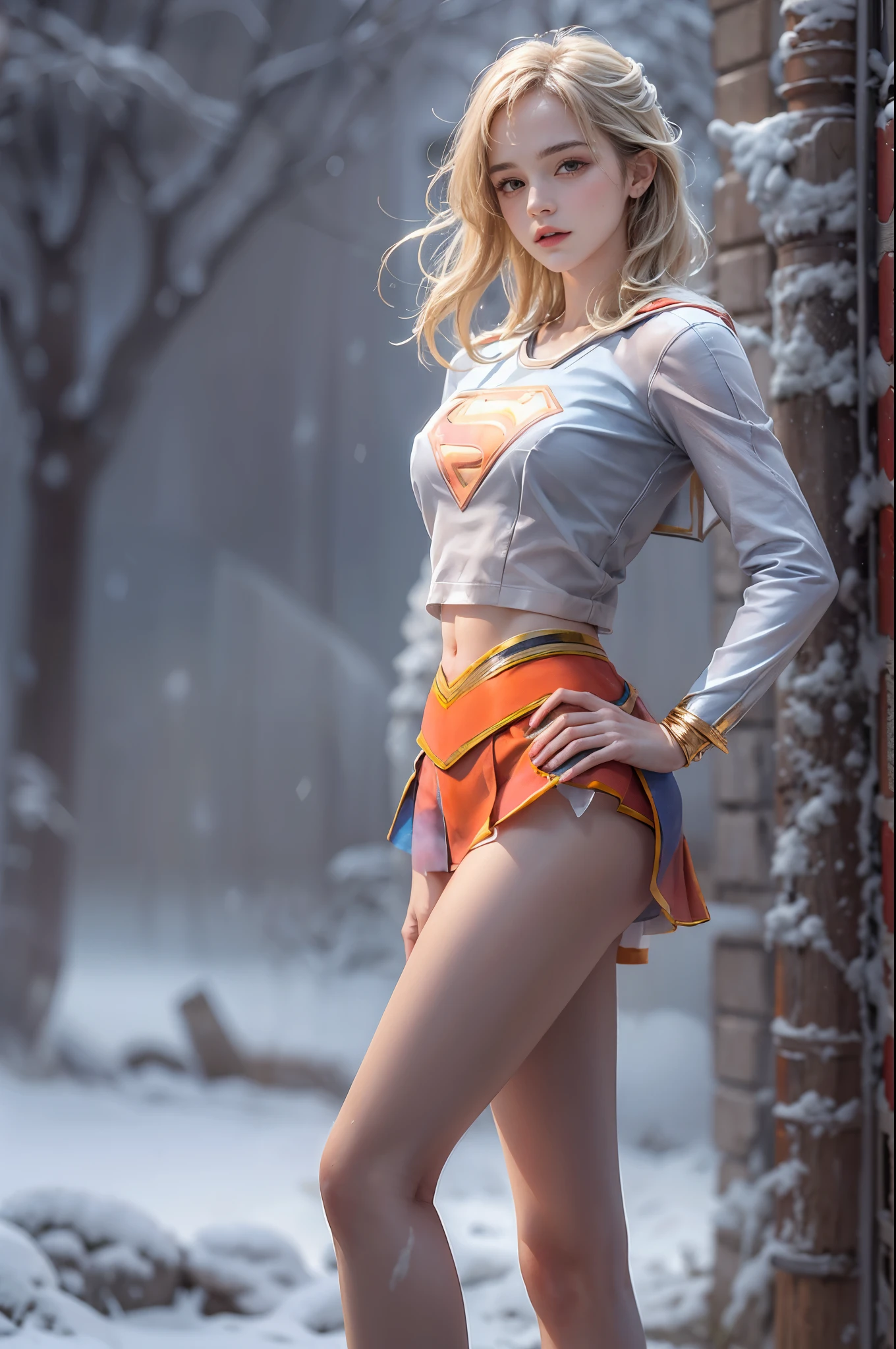 masterpiece, best quality, high quality, High definition, High quality texture, High quality shadow, high detail, beautiful detailed, finely detailed, extremely detailed cg, detailed texture, a realistic representation of the face, realistic, colorful, delicate, sharp focus, (intricate details, makeup, PureErosFace_V1:0.5), (detailed beautiful delicate face, detailed beautiful delicate eyes, a face of perfect proportion, high detailed skin, detailed skin, best ratio four finger and one thumb, skiny and thin:1.3), 1girl, , tall, (smooth_abs:1.55), (no_abs:0.5), (((showing abdomen))), (((tummy))), pretty, masterpiece, highres, (long_skinny_legs), (straight_legs), (skinny_waist), (((fair skin))), white skin, (((pale skin))), (Emma_watson), big_breast, (((Caucasian))), (((European))), Light blonde hair, orange Bandeau, orange short pleated skirt, standing legs apart, looking at viewer, full body, portrait of cute blonde girl, (((supergirl))), (outside,Heavy snowfall, Cover with snow), (frontal light), (((studio light))) ((crop top)), showing abdomen, showing abs, snowfield, bloom, white fog, motion, wispy hair, realism, high-quality rendering, stunning art, high quality, film grain, Fujifilm XT3, dreamy, (((skinny thigh, thin thigh, narrow thigh)))