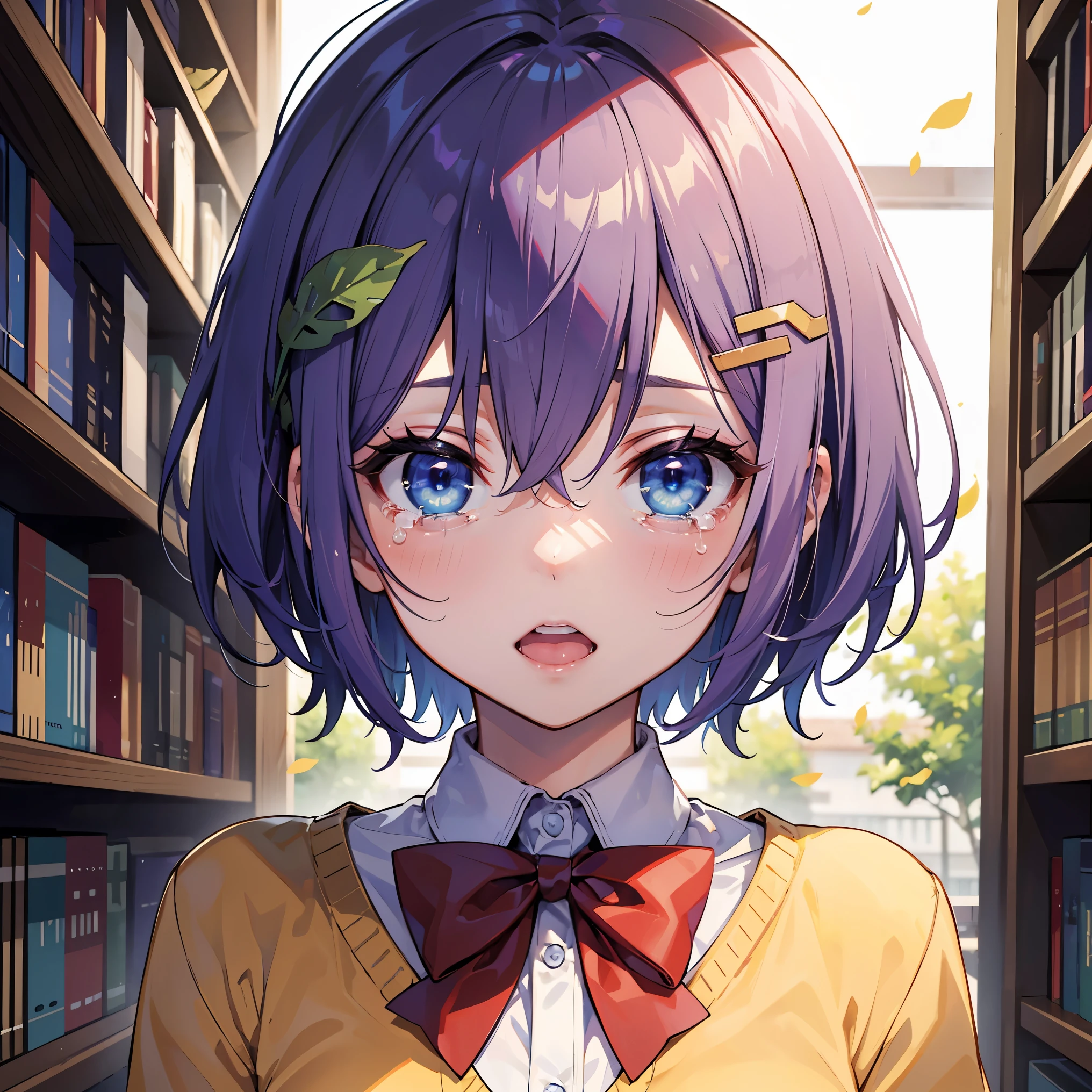 1boy, solo, (Masterpiece), Best quality, Expressive eyes, perfect face, 1 boy, One, light purple hair, blue hair ends, Blue eyes, short hair, shaggy, Crying, the library, near the bookshelves, yellow sweater, a white blouse, Red bow tie, hair ornament (Colorful hairpins), ultra detailed, face patch, leaves the viewer, full height, half open mouth,  fear