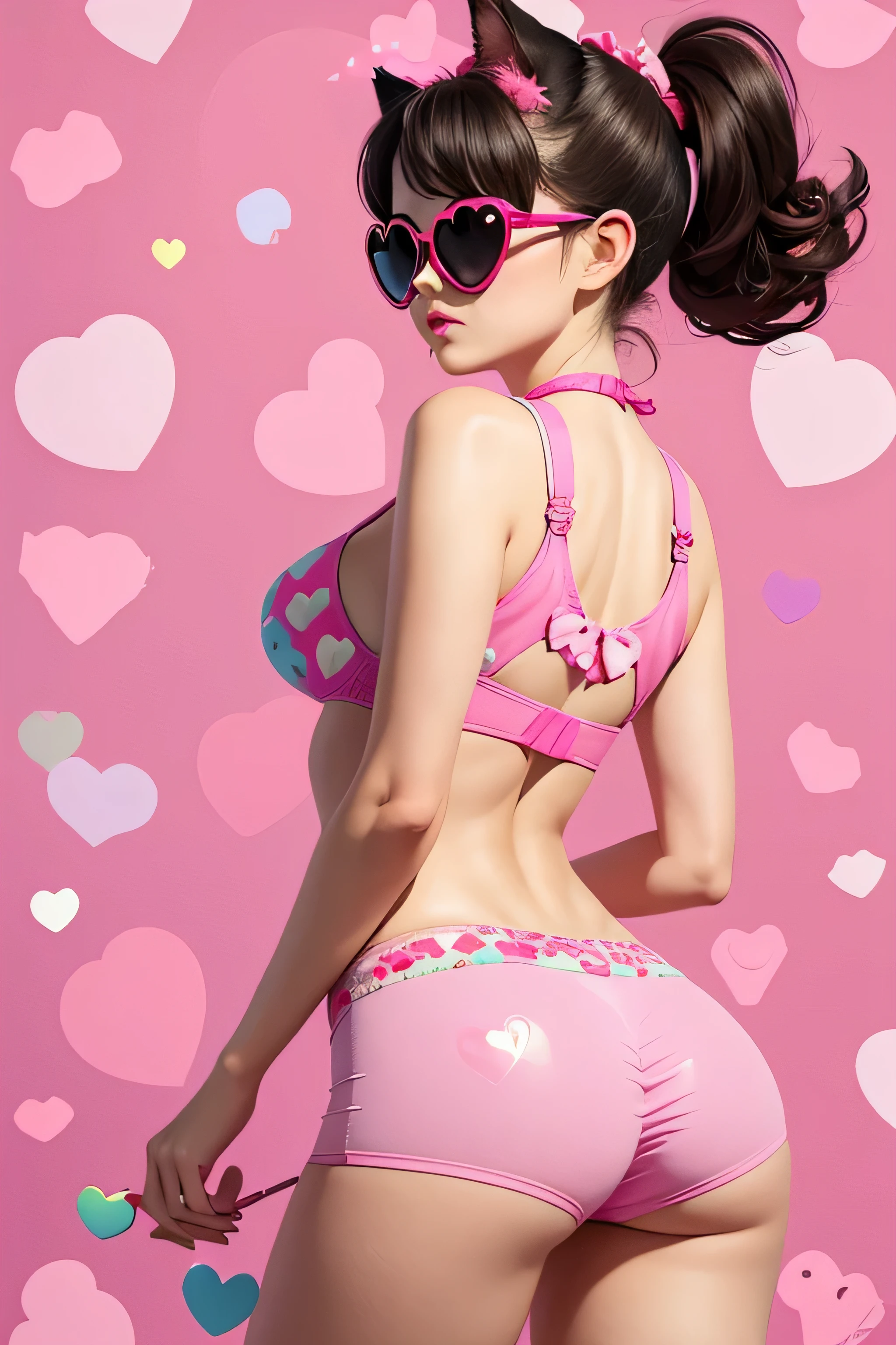 {Funny portrait cute back view kitty with a heart shaped sunglases} illustration in the style of steve hillier, pink, quirky details, candy hearts pattern background, harry shoulberg, creased, captivating, talbot hughes, no hands, close up