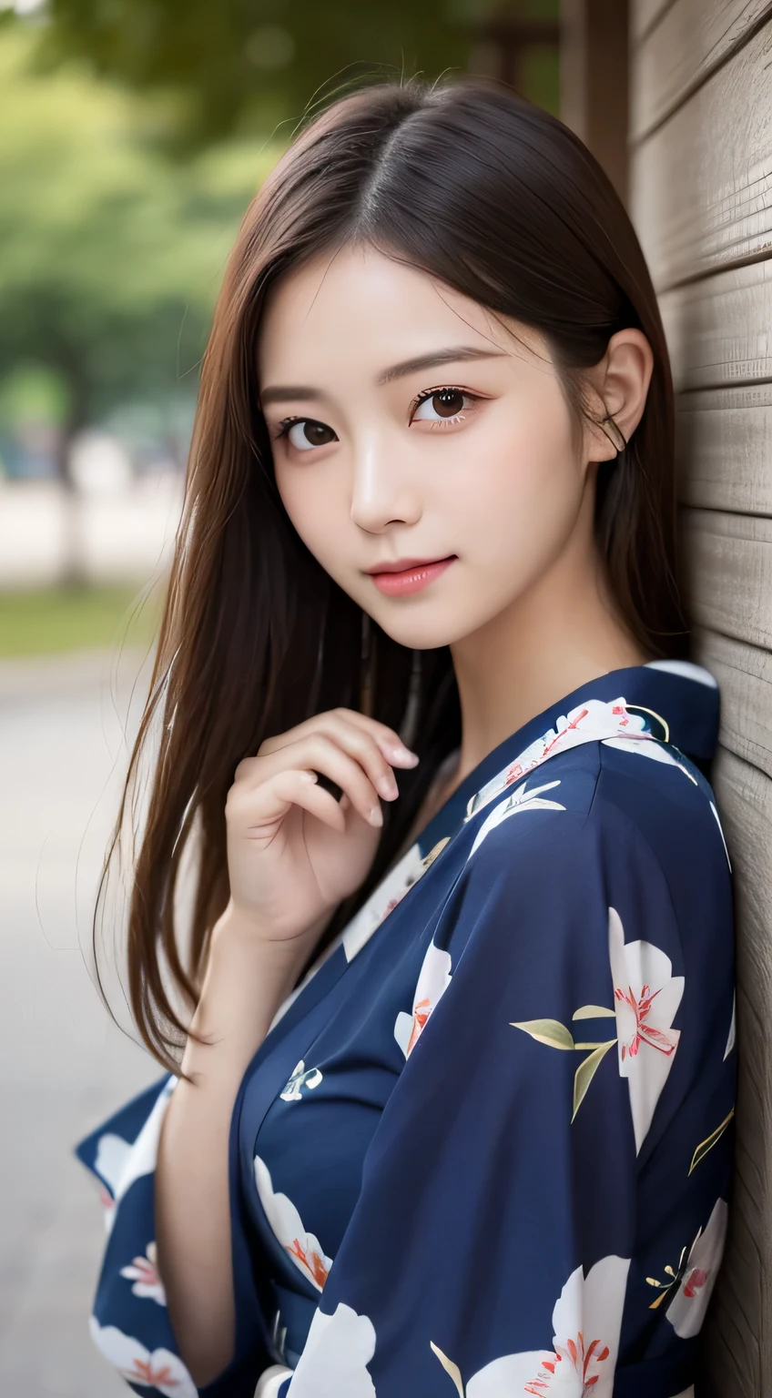 table top, highest quality, shape, Super detailed, finely, High resolution, 16k, perfect dynamic composition, straight hair, medium hair, brown hair,natural color lip, smile, 20歳のgirl、cute、beautiful、完璧でbeautiful顔, beautiful and detailed face, slim face and body, Elegant face, KPOP idol face、Japanese idol faces、small face、Big eyes, brown eyes, droopy eyes, 緻密でbeautiful目,  girl, No bangs, near the river、yukata、