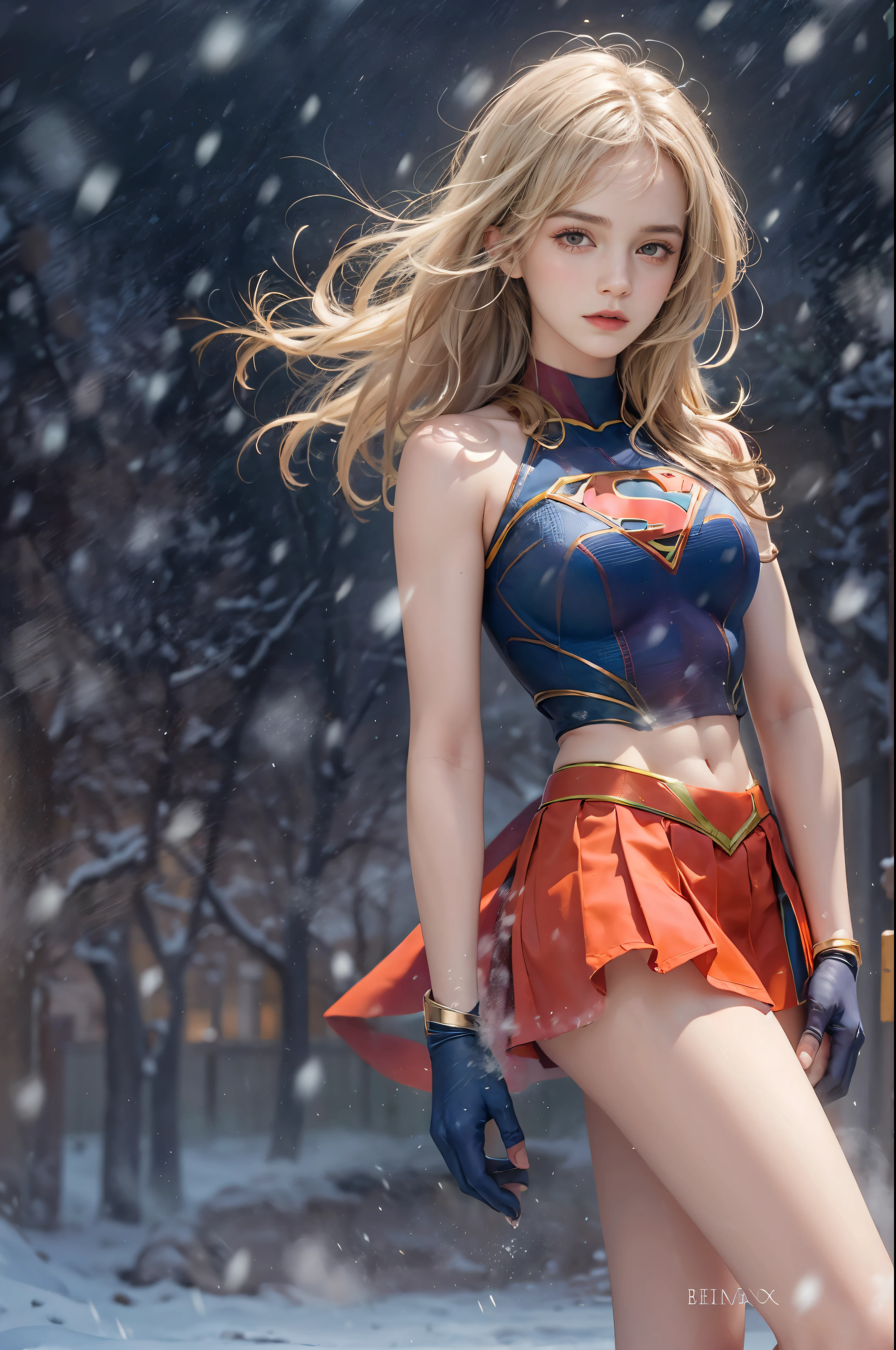 masterpiece, best quality, high quality, High definition, High quality texture, High quality shadow, high detail, beautiful detailed, finely detailed, extremely detailed cg, detailed texture, a realistic representation of the face, realistic, colorful, delicate, sharp focus, (intricate details, makeup, PureErosFace_V1:0.5), (detailed beautiful delicate face, detailed beautiful delicate eyes, a face of perfect proportion, high detailed skin, detailed skin, best ratio four finger and one thumb, skiny and thin:1.3), 1girl, , tall, (smooth_abs:1.55), (no_abs:0.5), (((showing abdomen))), (((tummy))), pretty, masterpiece, highres, (long_skinny_legs), (straight_legs), (skinny_waist), (((fair skin))), white skin, (((pale skin))), (Emma_watson), big_breast, (((Caucasian))), (((European))), Light blonde hair, orange Bandeau, orange short pleated skirt, standing legs apart, looking at viewer, full body, portrait of cute blonde girl, (((supergirl))), (outside,Heavy snowfall, Cover with snow), ((crop top)), showing abdomen, showing abs, snowfield, bloom, white fog, motion, wispy hair, realism, high-quality rendering, stunning art, high quality, film grain, Fujifilm XT3, dreamy, (((skinny thigh, thin thigh, narrow thigh)))