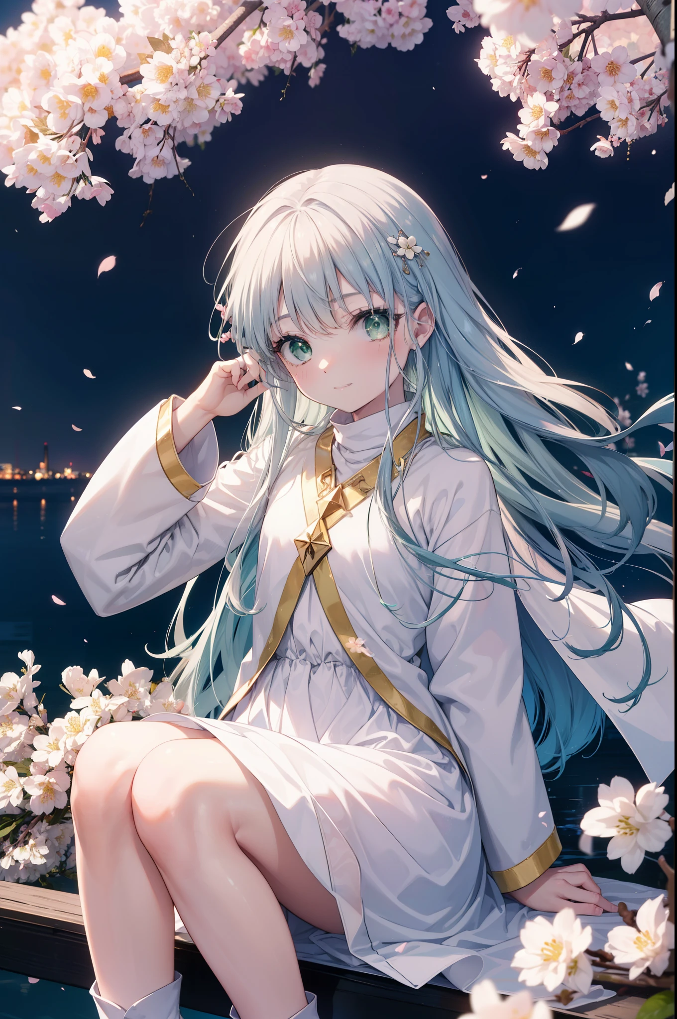 index, index, (green eyes:1.5), silver hair, long hair, (flat chest:1.2),smile,happy atmosphere,
break the habit, long sleeve, nun, robe, white robe, wide sleeve,long skirt,brown short boots,A sheet is stretched under the cherry tree,I'Iは桜の木の下でシートに座っています,food is placed on the seat,pink landscape,
壊す looking at viewer, Upper body, whole body,
rest outdoors, Demolish a park where cherry blossoms are blooming (masterpiece:1.2), highest quality, High resolution, unity 8k wallpaper, (shape:0.8), (fine and beautiful eyes:1.6), highly detailed face, perfect lighting, Very detailed CG, (perfect hands, perfect anatomy),