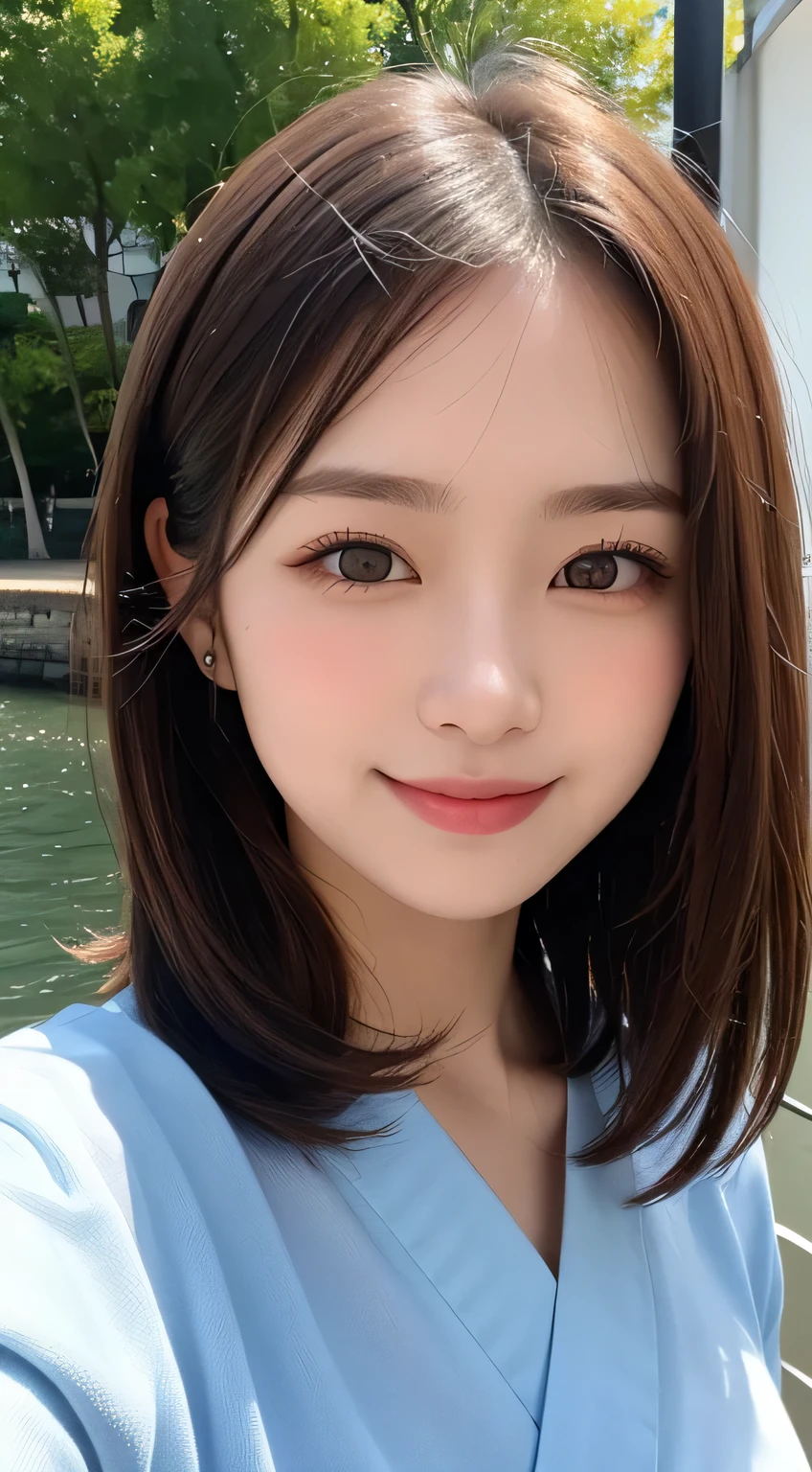 table top, highest quality, shape, Super detailed, finely, High resolution, 16k, perfect dynamic composition, straight hair, medium hair, brown hair,natural color lip, smile, 20歳のgirl、cute、beautiful、完璧でbeautiful顔, beautiful and detailed face, slim face and body, Elegant face, KPOP idol face、Japanese idol faces、small face、Big eyes, brown eyes, droopy eyes, 緻密でbeautiful目, girl, No bangs, near the river、yukata、