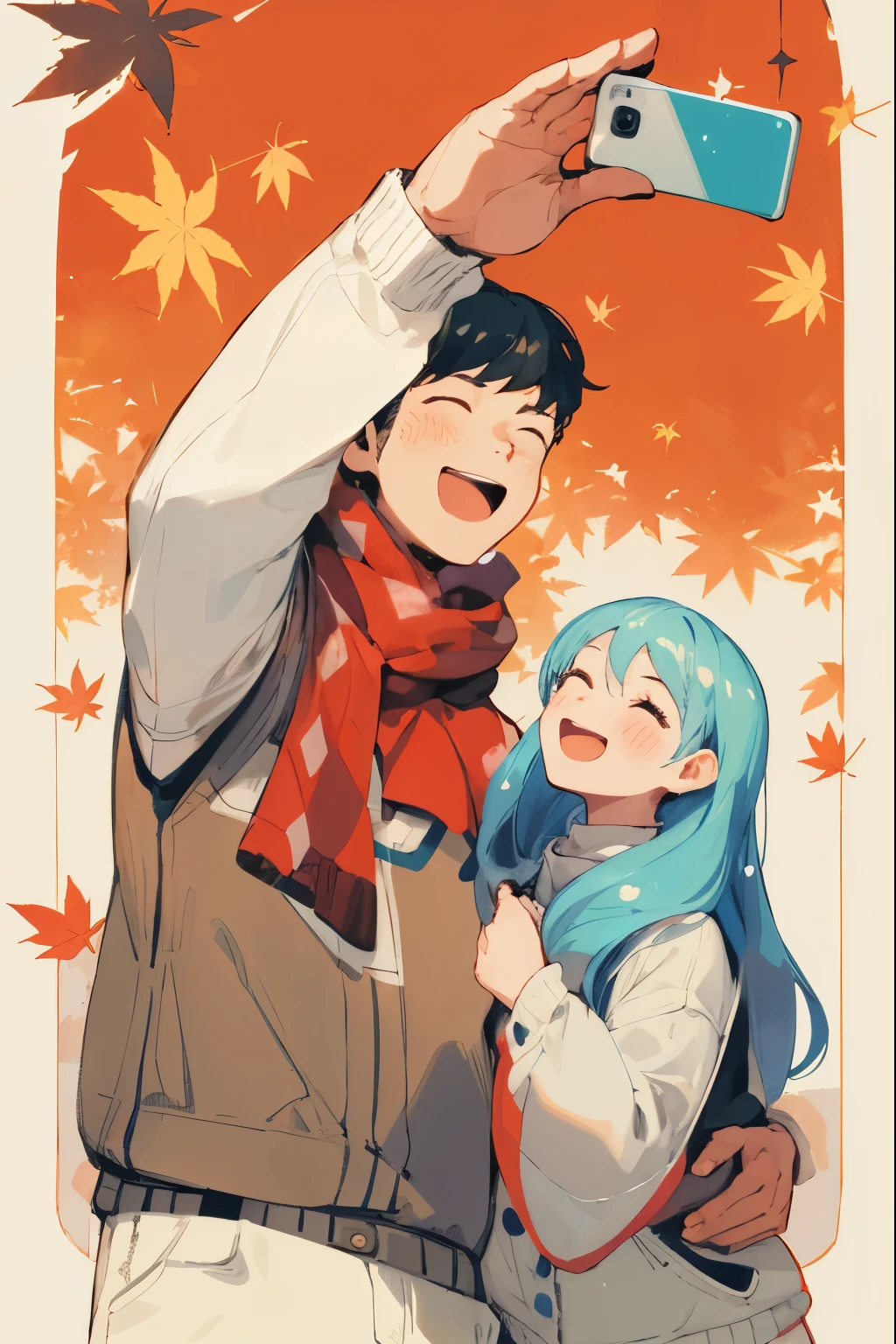 There was a man taking a picture of a girl with his mobile phone, happy couple, exciting illustrations, posture(raise arms + happy), 🚿🗝📝, Lovely情侣, smiling couple, couple posture, Warm and friendly expression, illustration 8k, 🍁 Lovely, cheer, happyLovely 