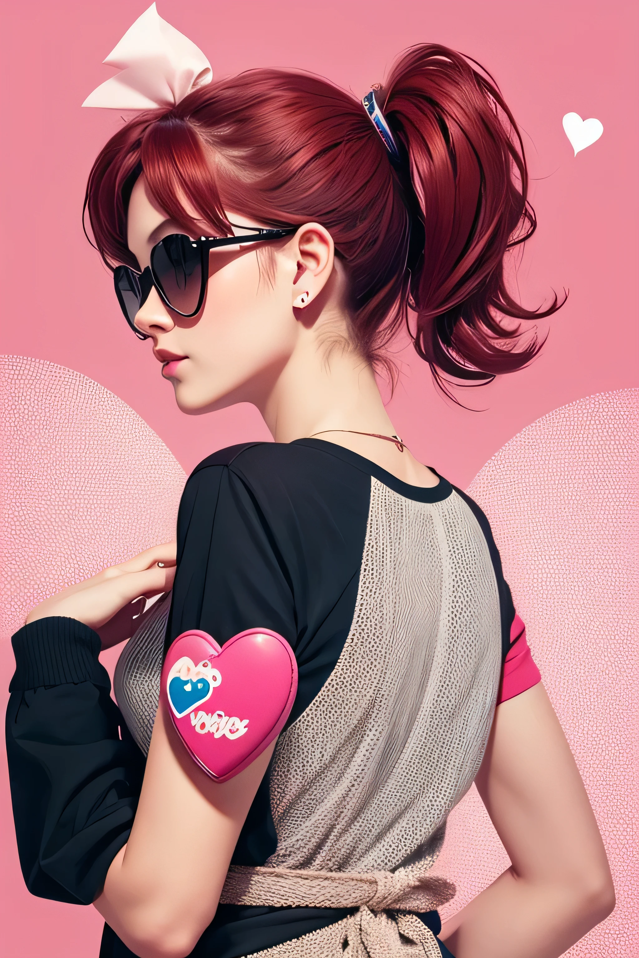 {Funny portrait cute back view kitty with a heart shaped sunglases} illustration in the style of steve hillier, pink, quirky details, candy hearts pattern background, harry shoulberg, creased, captivating, talbot hughes, no hands, close up