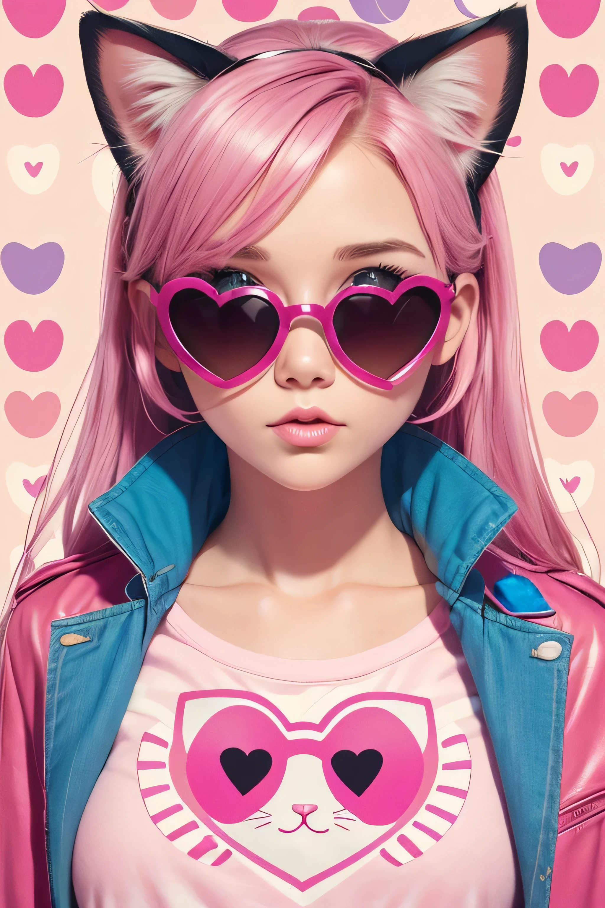 {Funny portrait cute kitty with a heart shaped sunglases} illustration in the style of steve hillier, pink, quirky details, candy hearts pattern background, harry shoulberg, creased, captivating, talbot hughes, no hands, close up