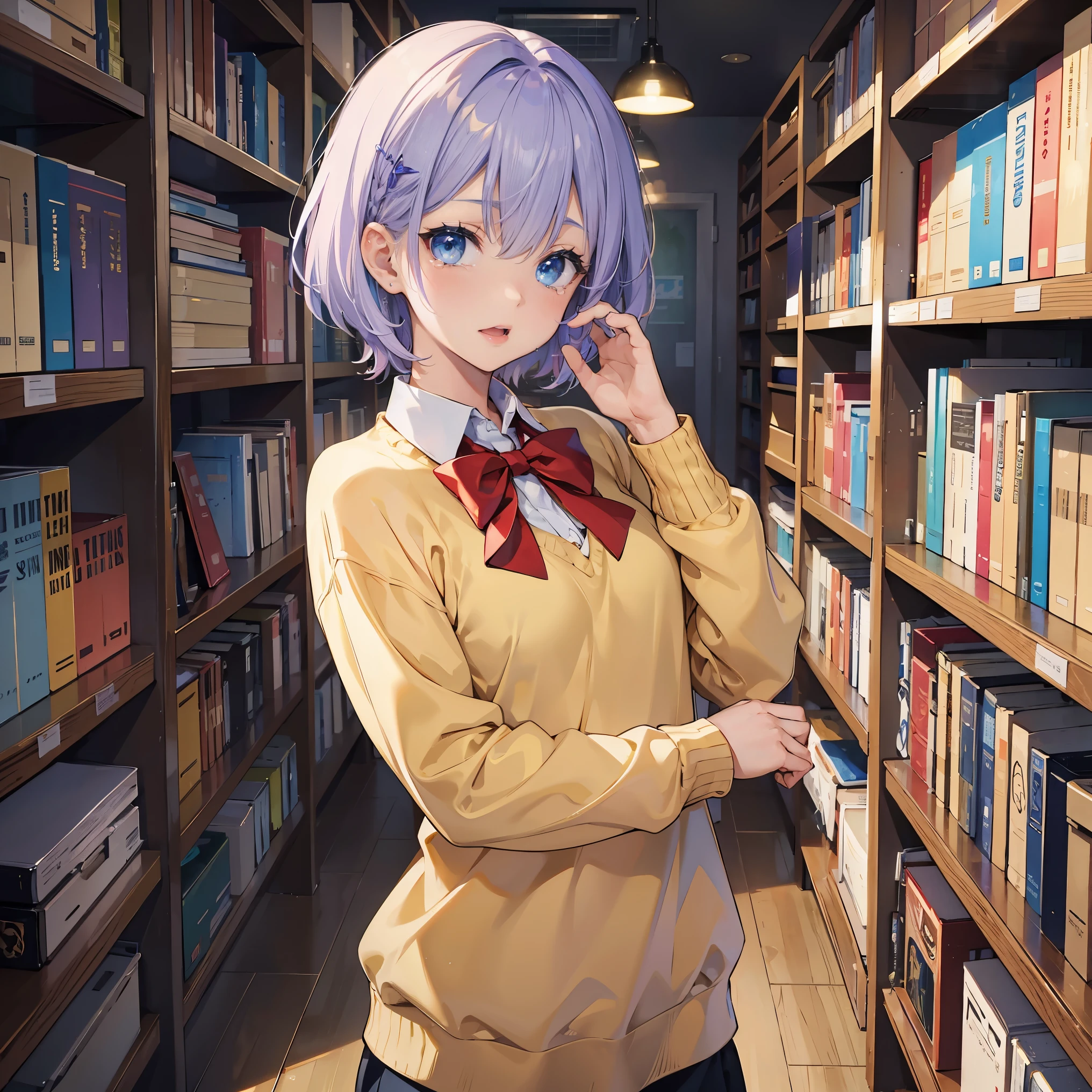 1boy, solo, (Masterpiece), Best quality, Expressive eyes, perfect face, 1 boy, One, light purple hair, blue hair ends, Blue eyes, short hair, shaggy, Crying, the library, near the bookshelves, yellow sweater, a white blouse, Red bow tie, hair ornament (Colorful hairpins), ultra detailed, face patch, leaves the viewer, full height, half open mouth,  fear, standing sideways 