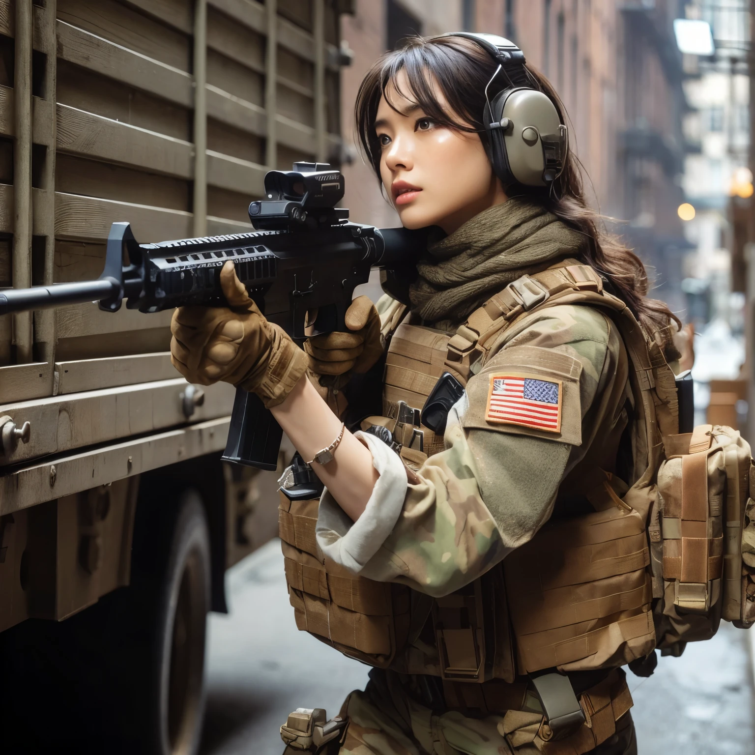 Japanese women in the US military、Holding an automatic rifle and looking nervous、bulletproof vest、Backpack、Detailed depiction of the Hulk holding an automatic rifle in a post-apocalyptic setting. Notice Hulk's realistic skin texture。, Capture every subtle detail. The scene should be grainy, Debris and impurities are scattered around. Colors must be vibrant, In contrast to the desolate background. lighting must be intense, Cast dramatic shadows and highlights on the Hulk and his surrounding environment. Images should be of the highest quality, High resolution and photorealistic rendering.
