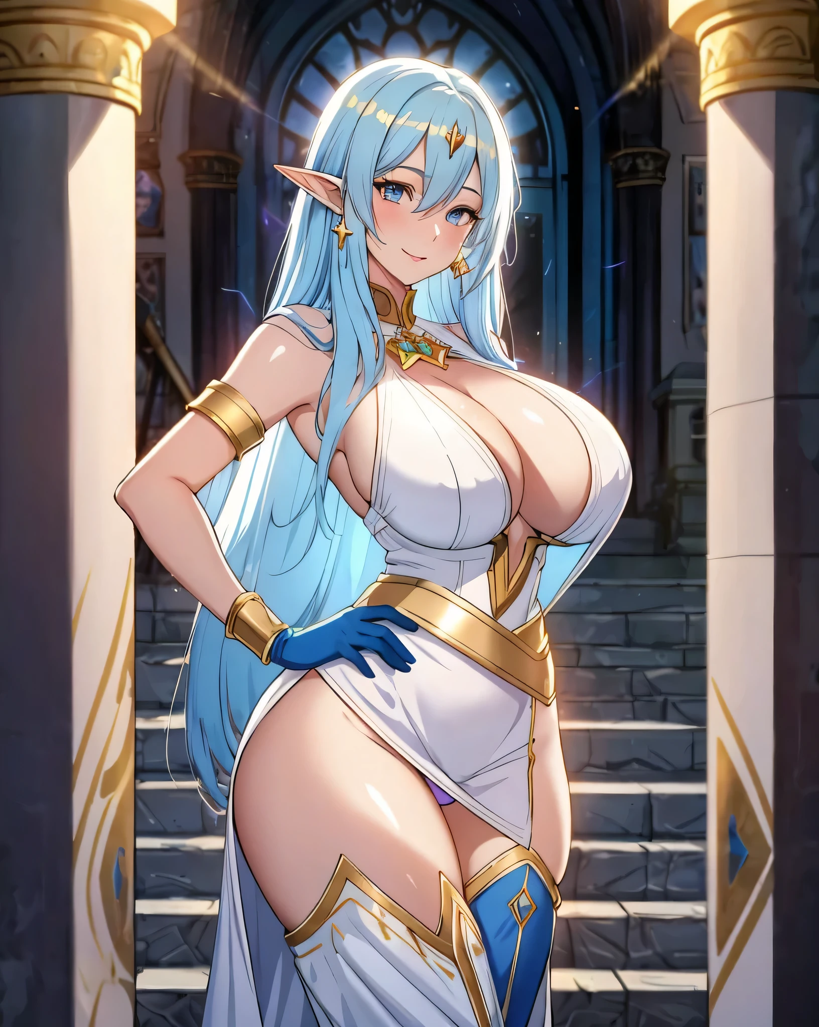 Lian, light blue hair, long elf ears, hair stick, bangs, blue eyes, solo, smiling, standing, upper body, hips, bare shoulders,purple thighhighs, white dress, gold jewelry,armor,gloves,circlet, cleavage, red and gold royal castle, gigantic breasts, (best quality, masterpiece, beautiful and aesthetic:1.2, highest detailed face, perfect face,)  eyes, perfect face,expressive eyes,
looking at viewer, in the center of the image,(Upper_body),(Focus on her face),
official art,extremely detailed CG unity 8k wallpaper, perfect lighting,Colorful, Bright_Front_face_Lighting,shiny skin, 
(masterpiece:1.0),(best_quality:1.0), ultra high res,4K,ultra-detailed
