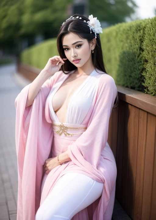 fashion model  [[[[Close-up cleavage]]]], [[[[]]]], [[[[Cole]]]], [[[[bshoulder]]]], perfect eyes, perfect iris，perfect lips，perfect teeth，Perfect skin，long face，Soft headlight，high dynamic range，red clothing，White clothing，pink clothes，white or pink flowers on background，（pastel colors：1.2）,Swinging Breasts Puffy Clothes、I can see cleavage、shining body、The body is already soaked，8k resolution，perfect hands，full body shot，Exquisite facial features，is a perfect face
