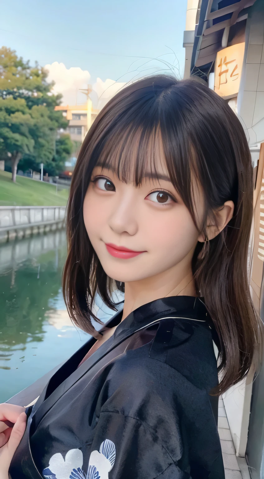 table top, highest quality, shape, Super detailed, finely, High resolution, 16k, perfect dynamic composition, straight hair, medium hair, brown hair,natural color lip, smile, 20歳のgirl、cute、beautiful、完璧でbeautiful顔, beautiful and detailed face, slim face and body, Elegant face, KPOP idol face、Japanese idol faces、small face、Big eyes, brown eyes, droopy eyes, 緻密でbeautiful目, girl, No bangs, near the river、yukata、