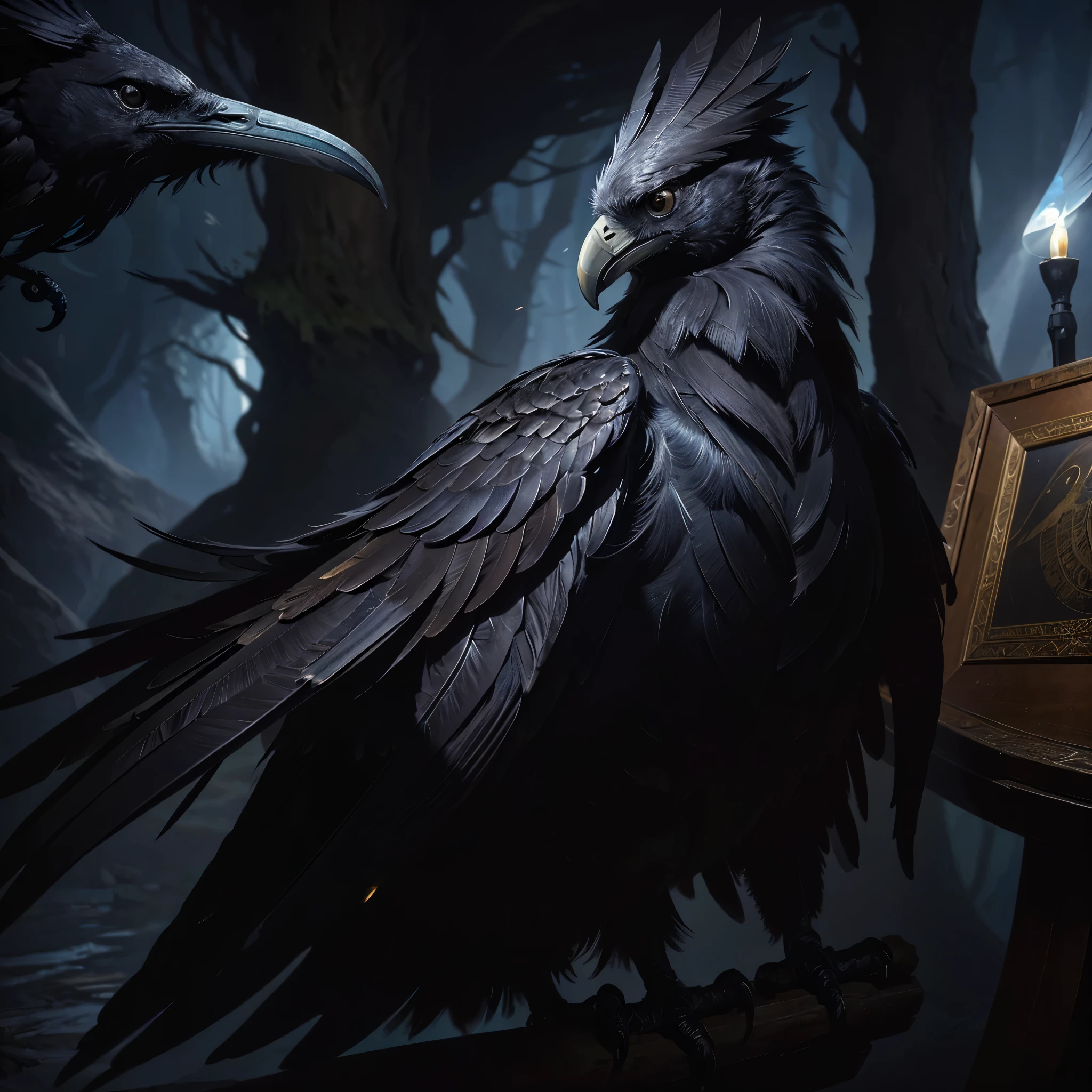 Intricate details bring the majestic black raven to life in this captivating oil painting. Clutching a sealed letter in its beak, the intelligent creature exudes an aura of mystery and wisdom. Its sleek feathers glisten in the ethereal glow of the moonlight, adding a touch of otherworldly elegance to the scene. The artist's meticulous brushstrokes and expert use of color create a truly mesmerizing portrayal, elevating this piece to a true masterpiece of avian artistry. Every nuance of the raven's presence, from its intense gaze to the delicate texture of its feathers, is flawlessly captured, making this painting a stunning display of skill and creativity.