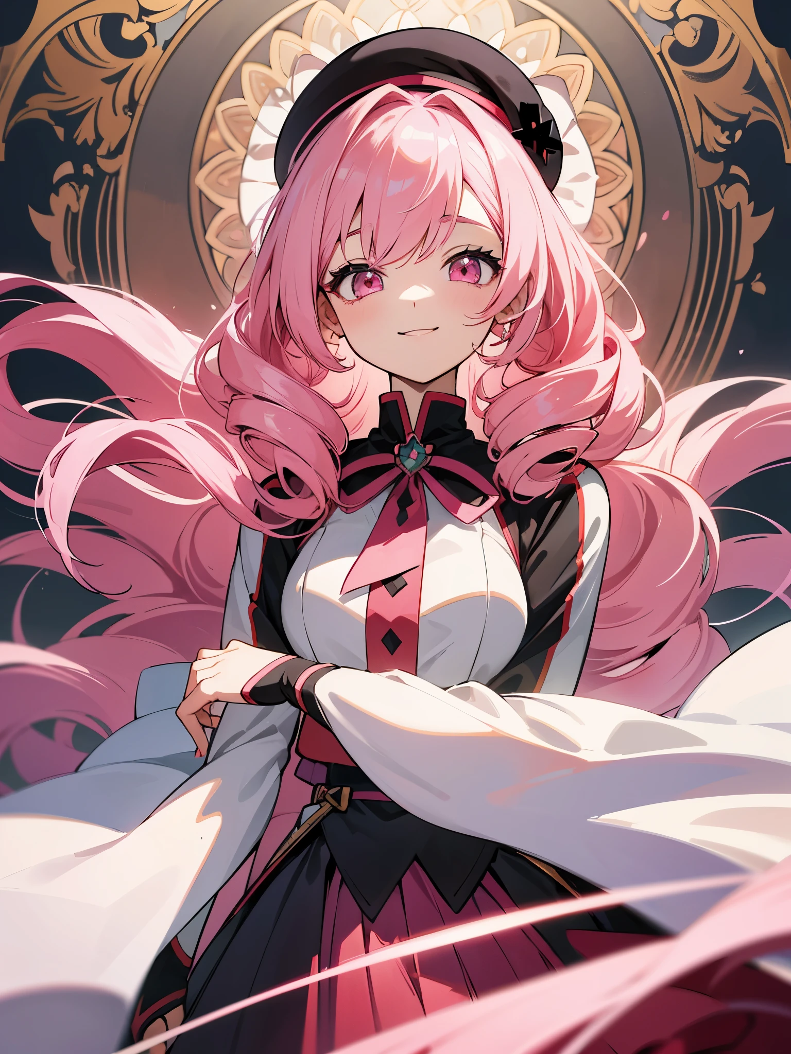 (muste piece)(High definition)20th generation women、pink eyes、alone、smile、light pink hair、Hair style is twin drill、A uniform that looks like a fantasy arrangement(red and black base、loose skirt)、beret、He has a sword with medieval decorations.、art nouveau background
