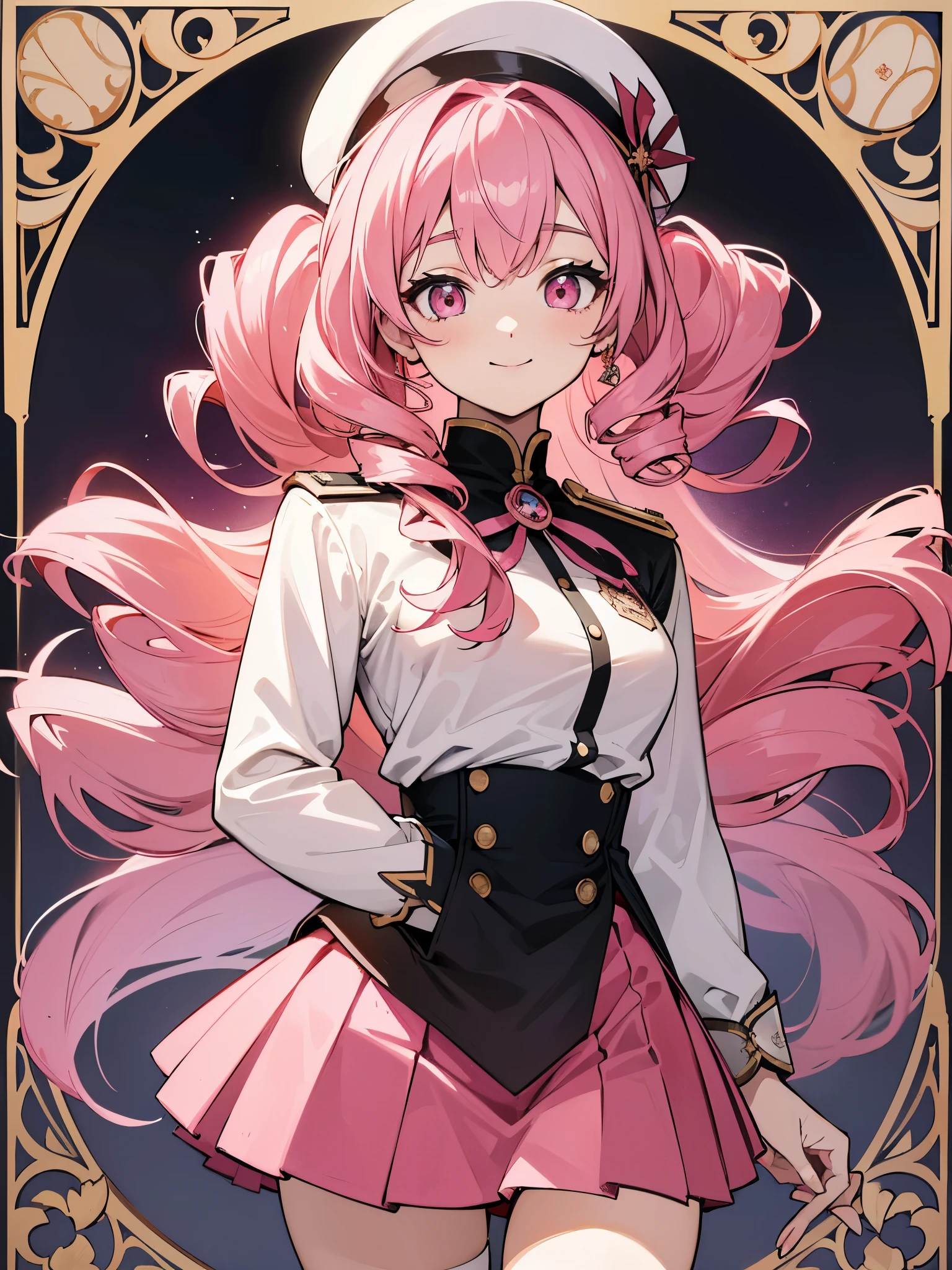 （muste piece）（High definition）20th generation women、pink eyes、alone、smile、light pink hair、Hair style is twin drill、A uniform that looks like a fantasy arrangement（red and black base、loose skirt）、beret、He has a sword with medieval decorations.、art nouveau background