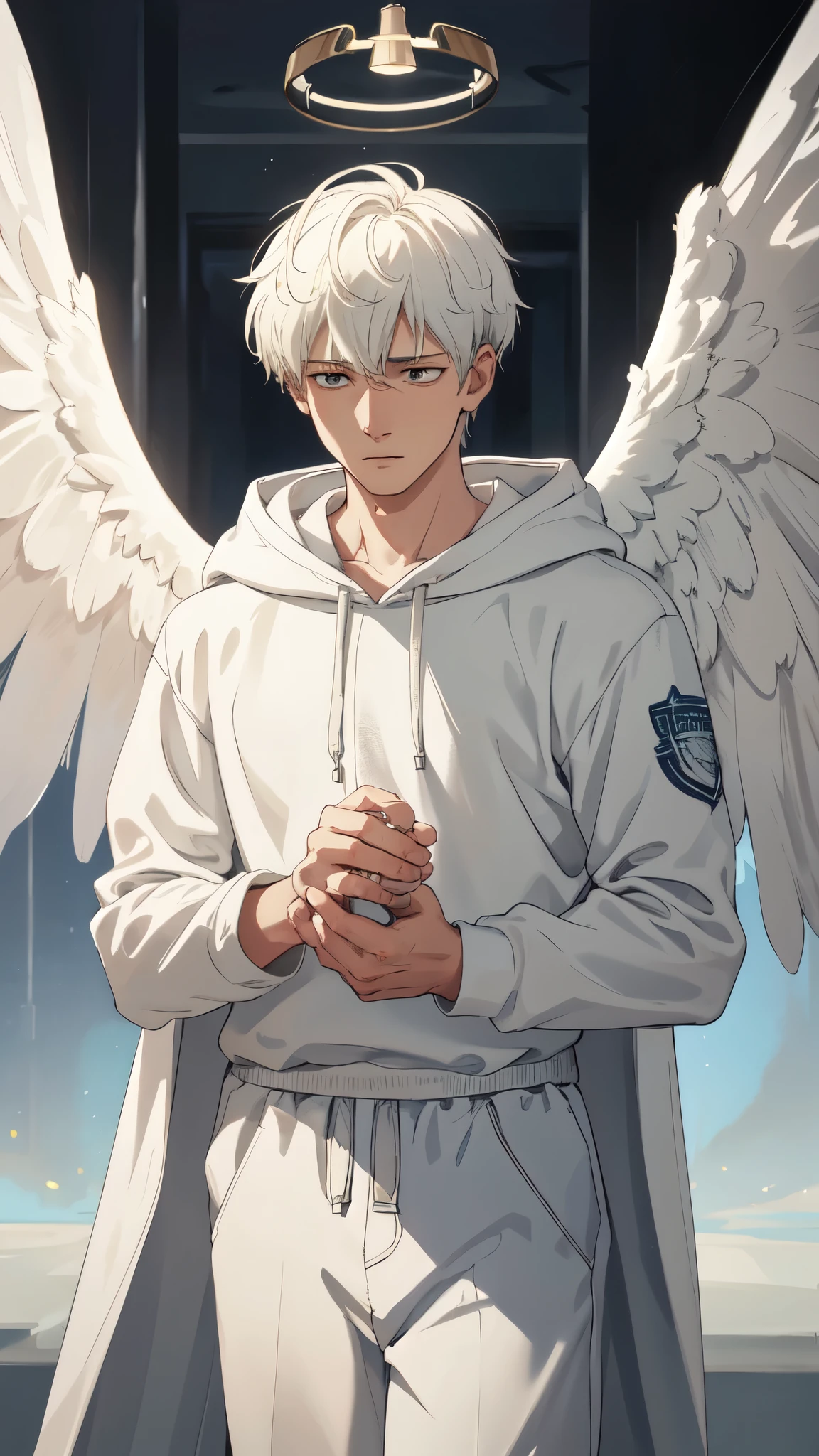 The Celestial Angels, Angels Descending from the Sky, (1man, 1boy, athletic:1.5), (sadness expression), hoody, angel wings, halo, realistic epic, soft cinematic portrait, Adobe Lightroom, Photo Lab, highly detailed, faded, (neutral colors: 1.2), (HDR: 1.4), (soft colors:1.2), hyperdetailed, (Artstation:1.4), cinematic, warm lights, dramatic light, (intricate details:1.1), complex background, (Rutkowski:0.66), (blue and orange:0.4)