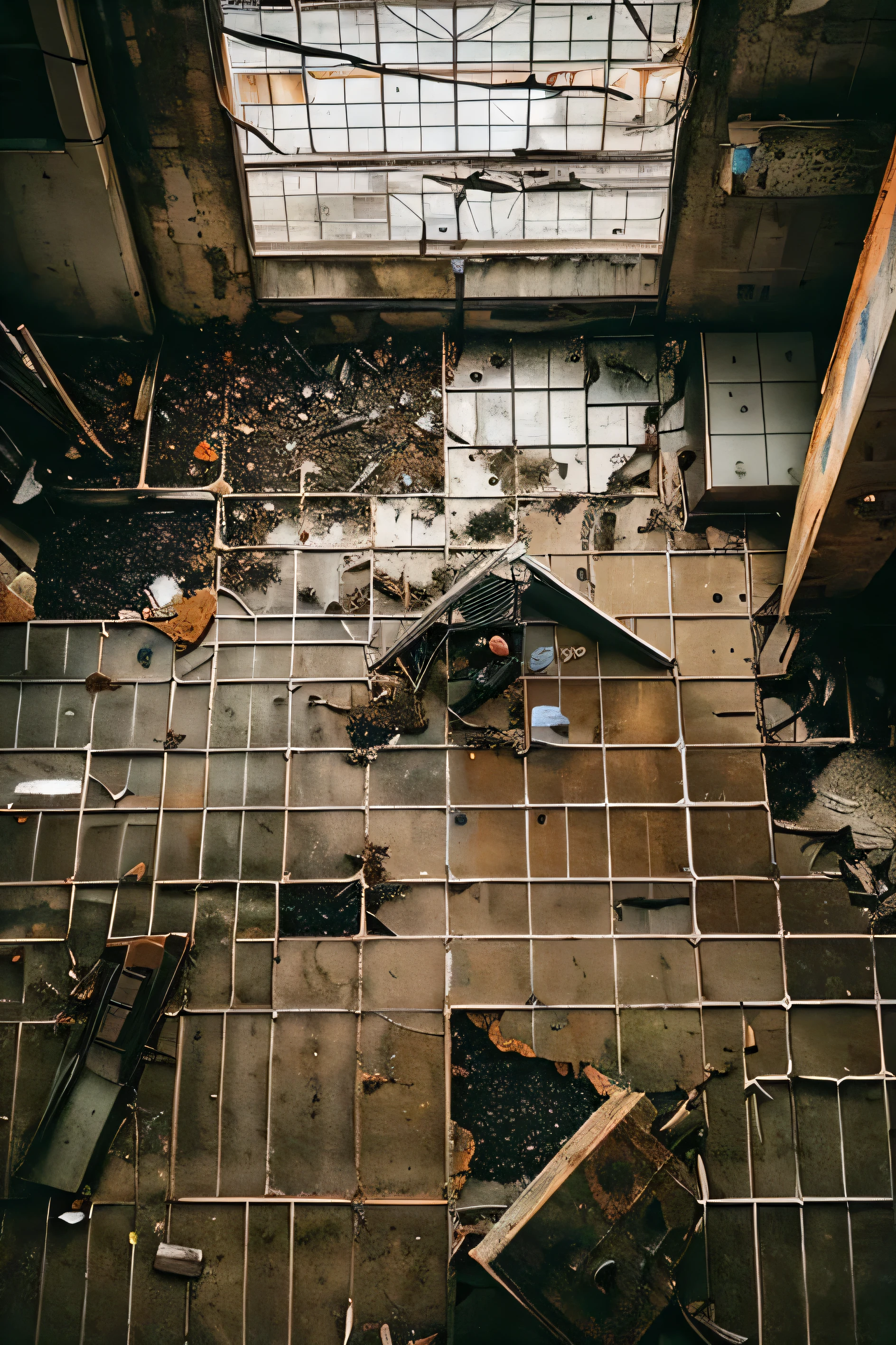 (破壊されたground)、((Cracked concrete))、(Exposed steel frame)、((break the fast))、wreckage、ground、(bird'perspective)、((photo quality))、High resolution、high quality、((rust))、spooky、Destructive、