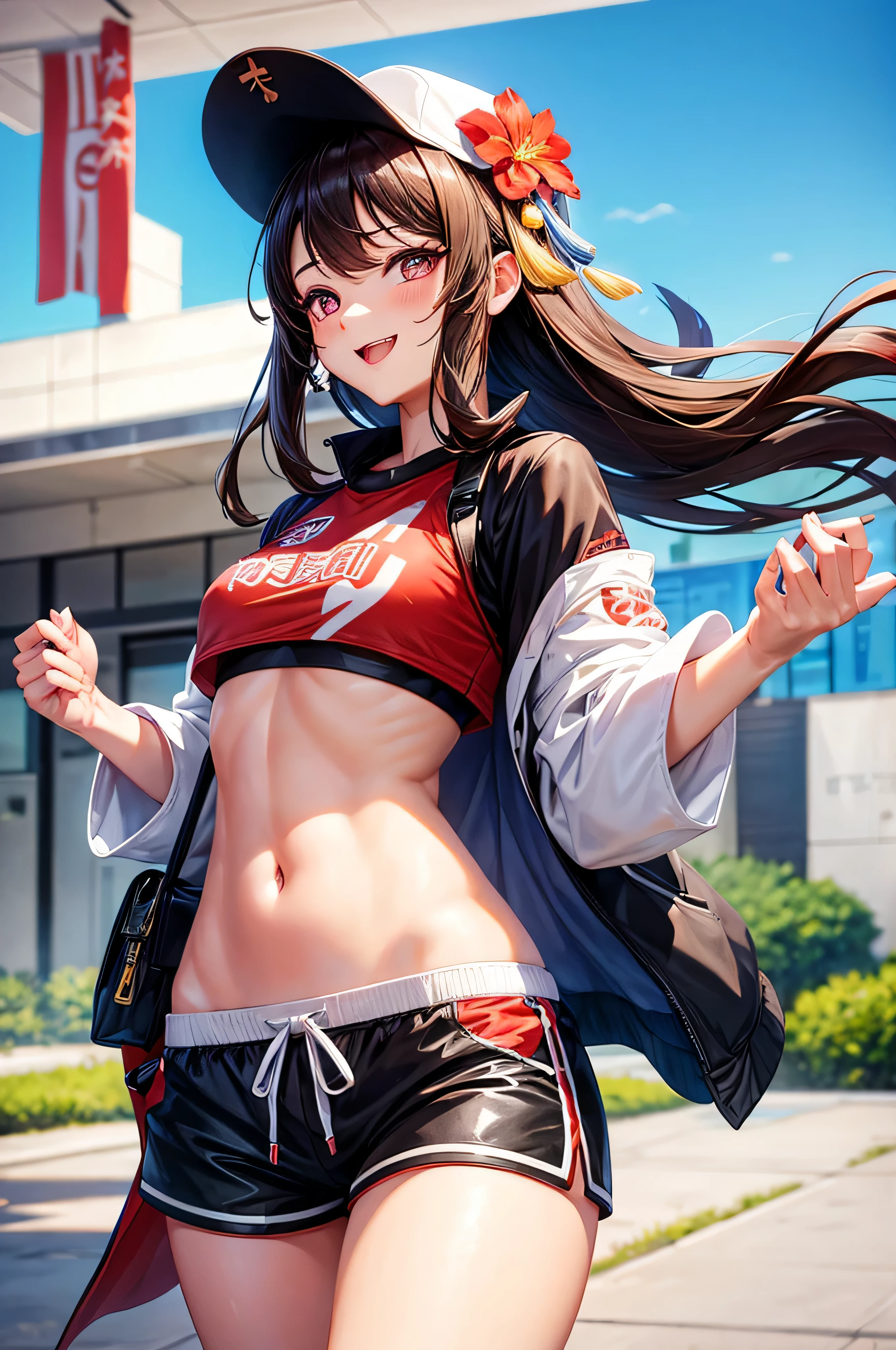 Genshin impact game, Hu Tao, brown long hair, small breasts, thin body, slightly thick thighs, big eyes, brown eyes, flower shaped pupils, happy expression, playful, shorts, crop top, sneakers, cap, licking icecream,